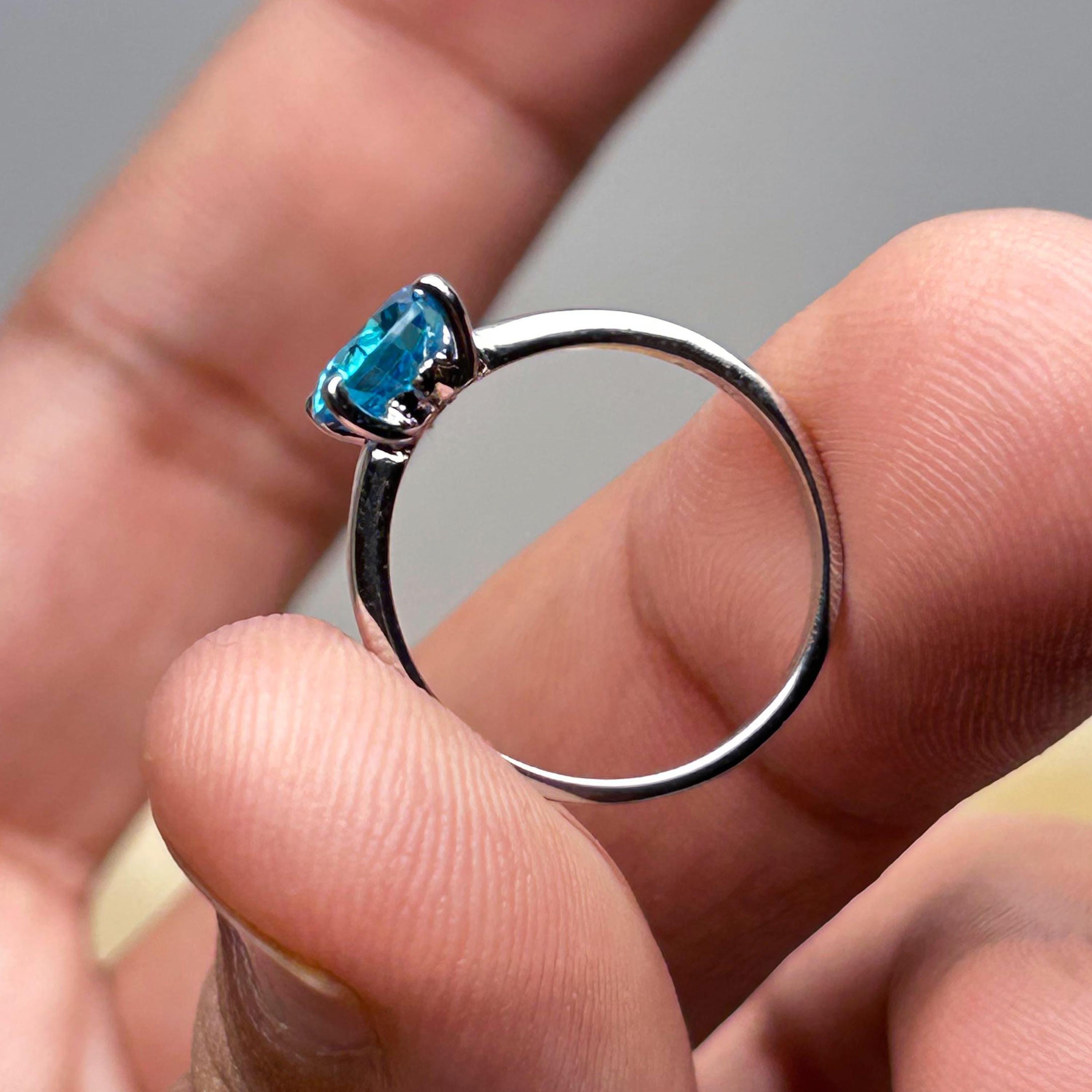 Elegant Blue Zircon Solitaire Ring – 6mm Stone, Genuine Sterling Silver