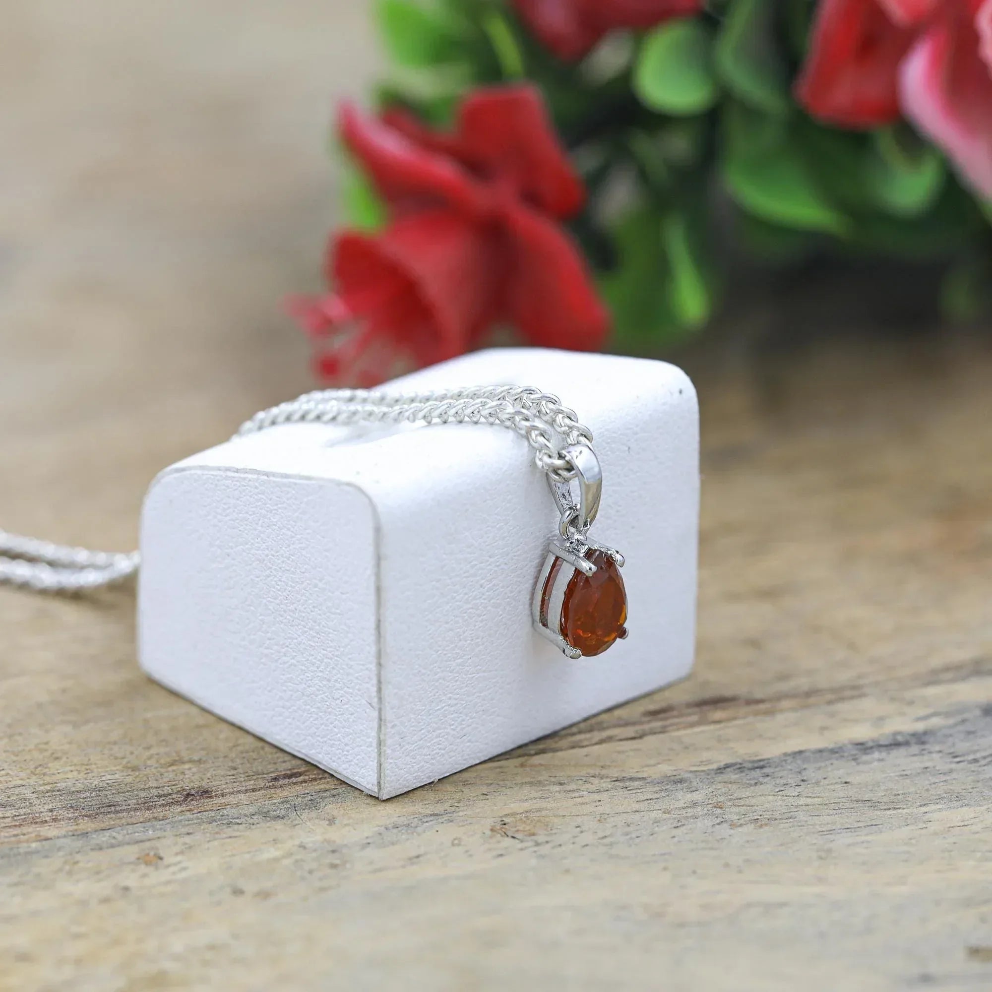 Handmade Sterling Silver Mexican Fire Opal Pendant: Pear Faceted Gemstone