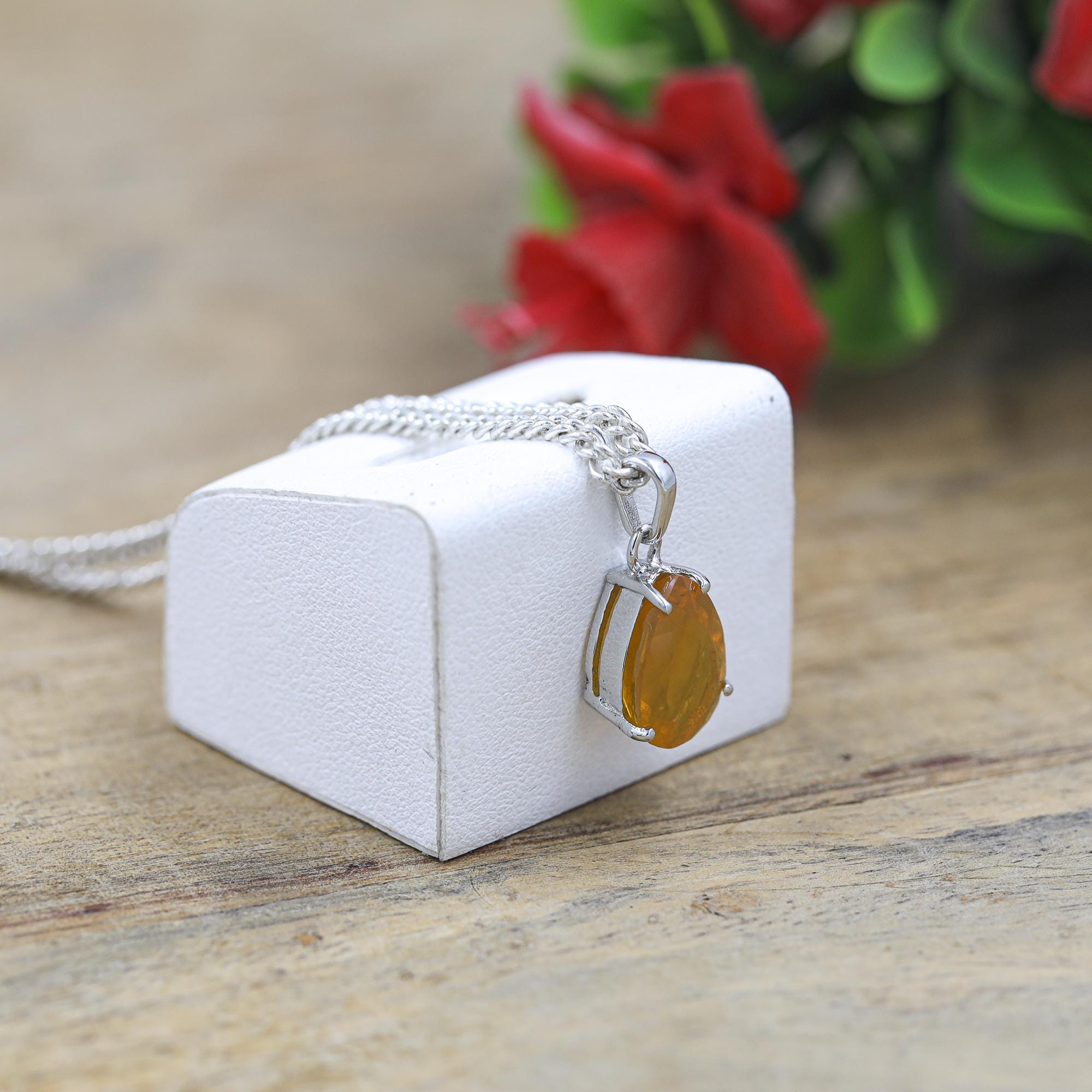 Sterling Silver Mexican Opal Pendant: Pear Faceted Gemstone Necklace