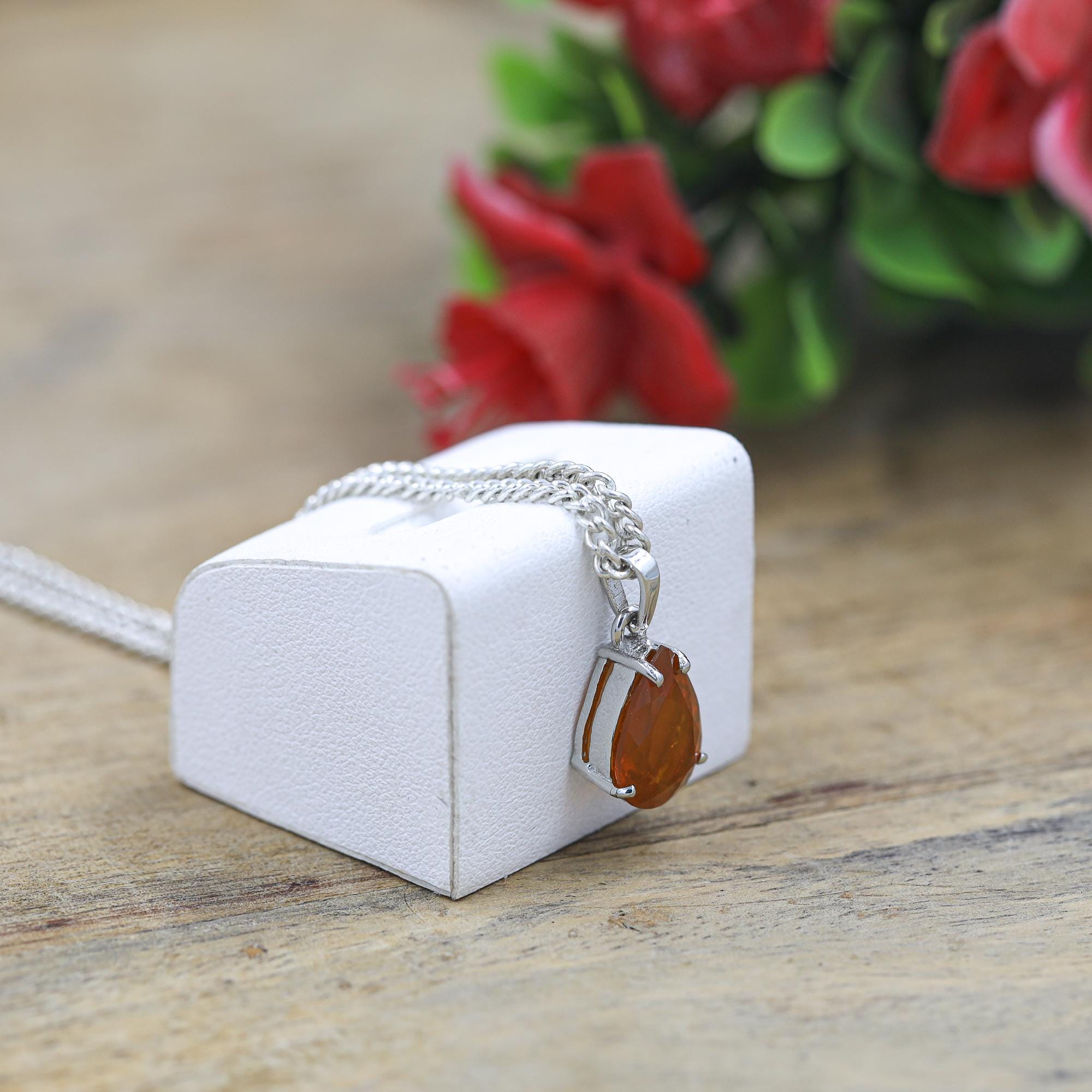 Pear Faceted Mexican Fire Opal Pendant Necklace: Sterling Silver