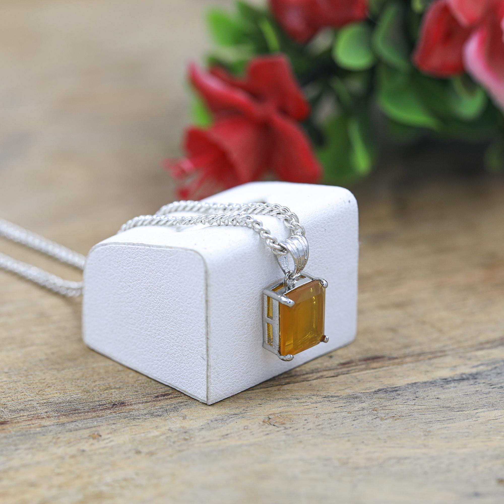 Mexican Fire Opal Sterling Silver Necklace: Octagon Gemstone, October Birthstone