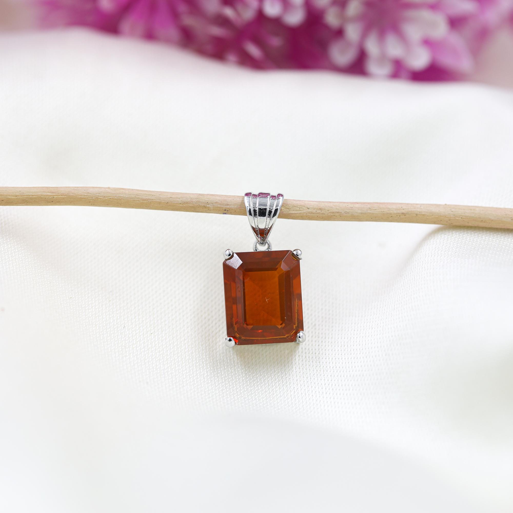 Octagon Mexican Fire Opal Pendant Necklace: 925 Sterling Silver