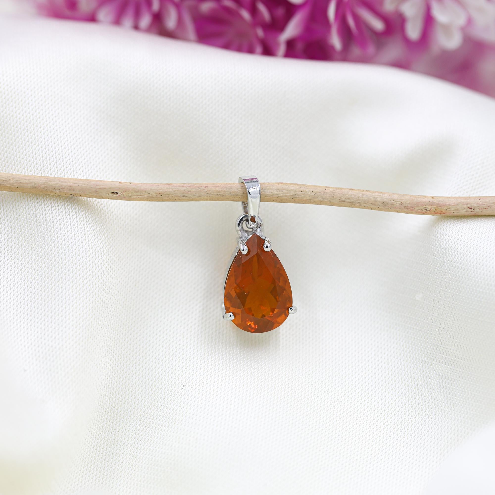 Pear Faceted Mexican Fire Opal Pendant Necklace: Sterling Silver