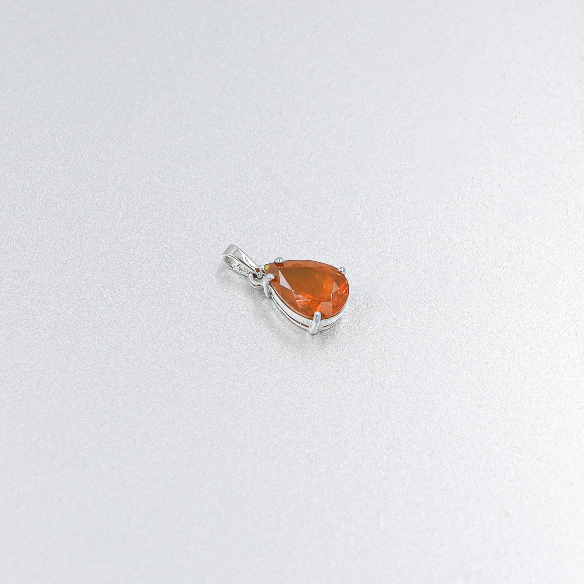 Pear Faceted Mexican Fire Opal Pendant Necklace: Sterling Silver