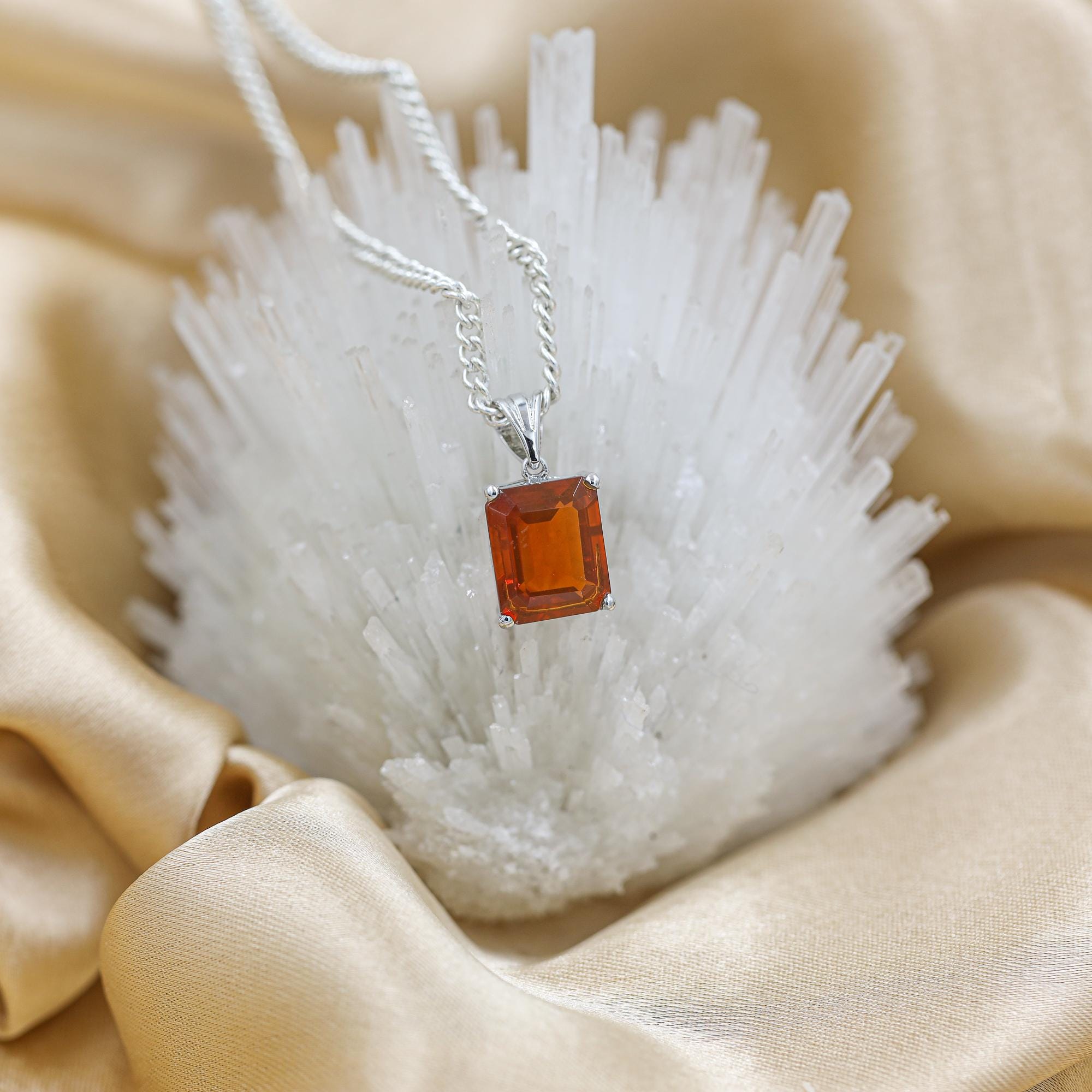 Octagon Mexican Fire Opal Pendant Necklace: 925 Sterling Silver