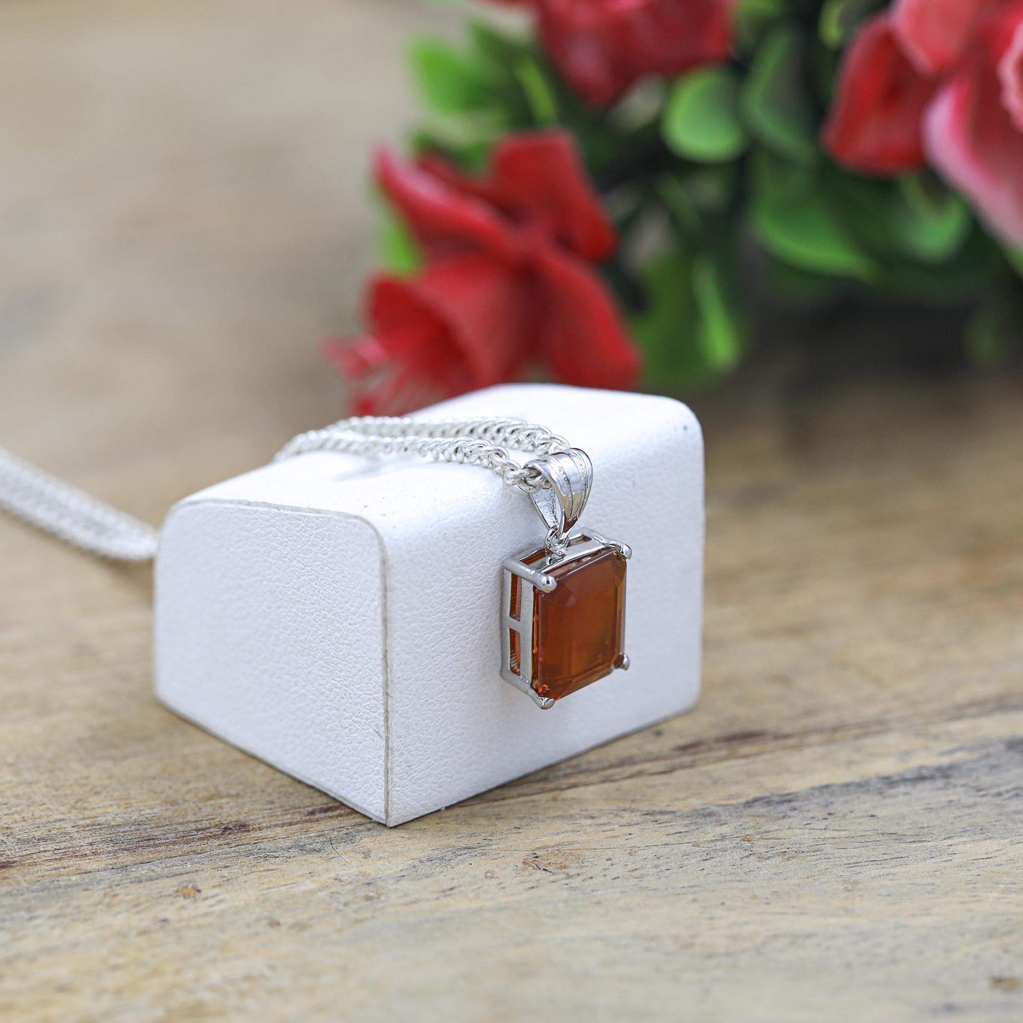 Octagon Mexican Fire Opal Pendant Necklace: 925 Sterling Silver