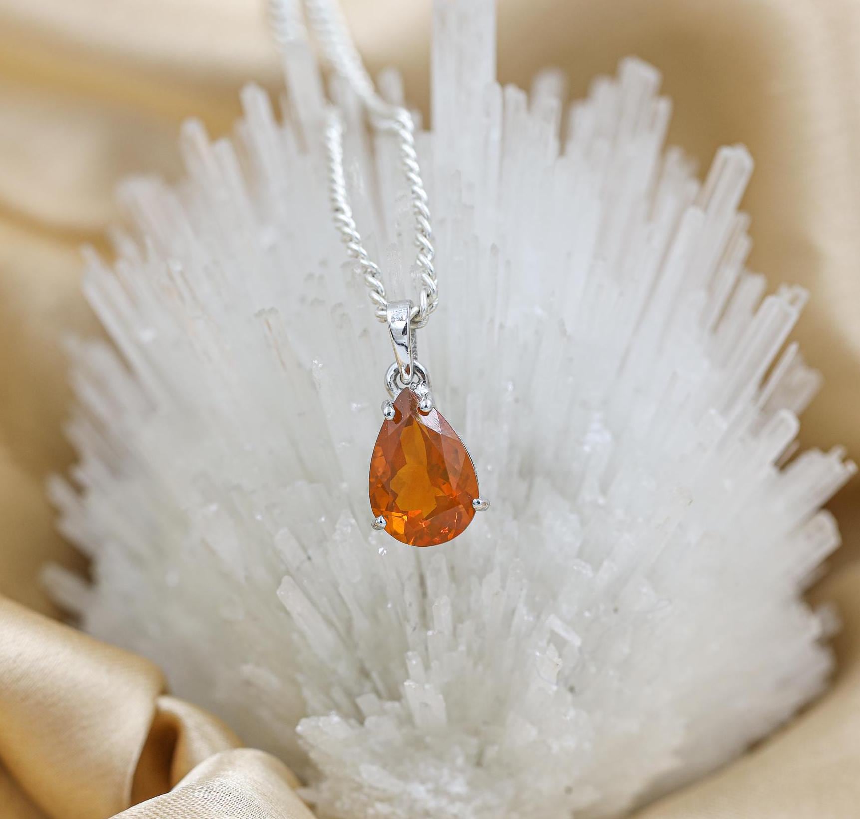 Pear Faceted Mexican Fire Opal Pendant Necklace: Sterling Silver
