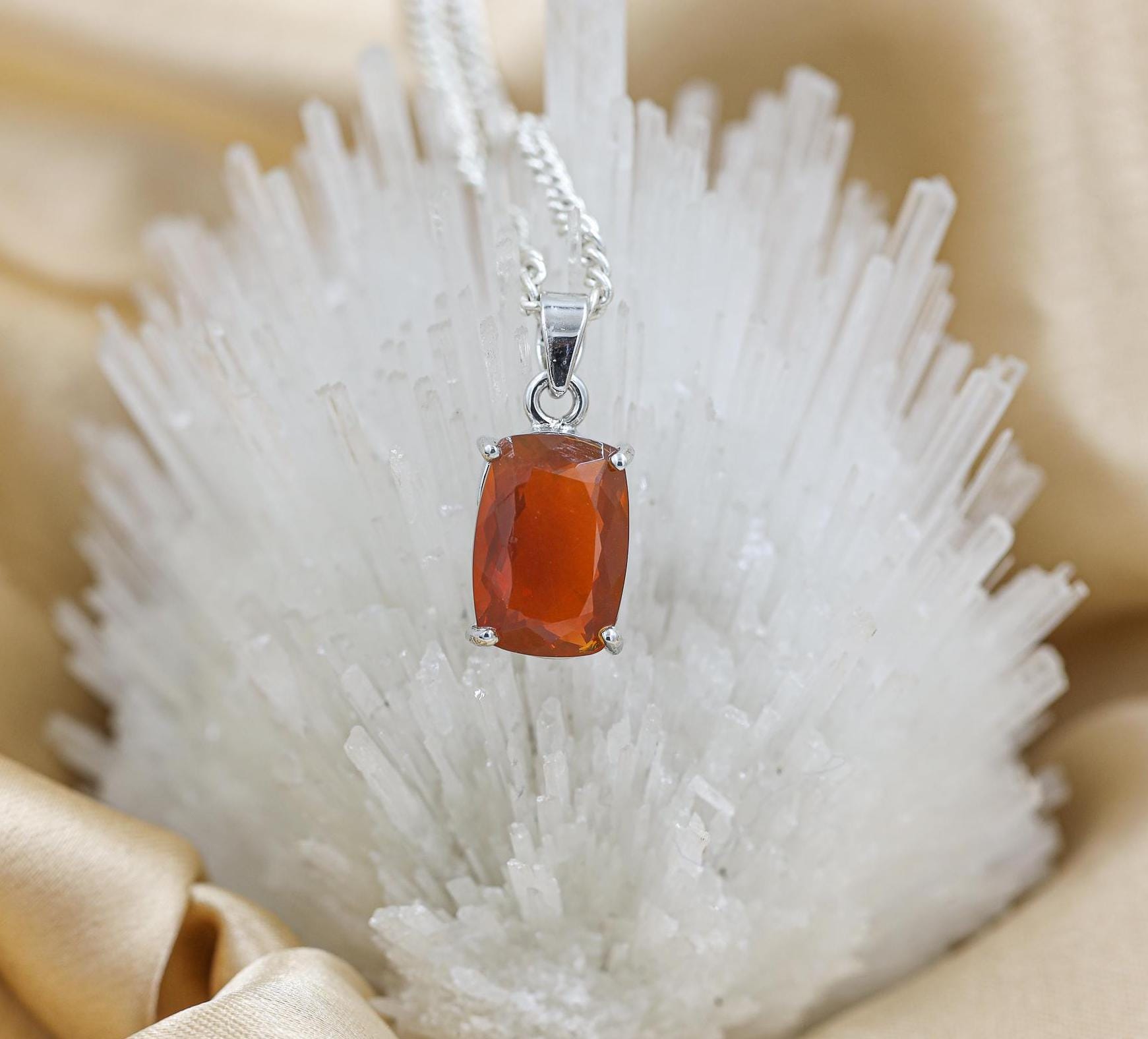 Natural Mexican Fire Opal Pendant: 925 Sterling Silver Cushion Cut