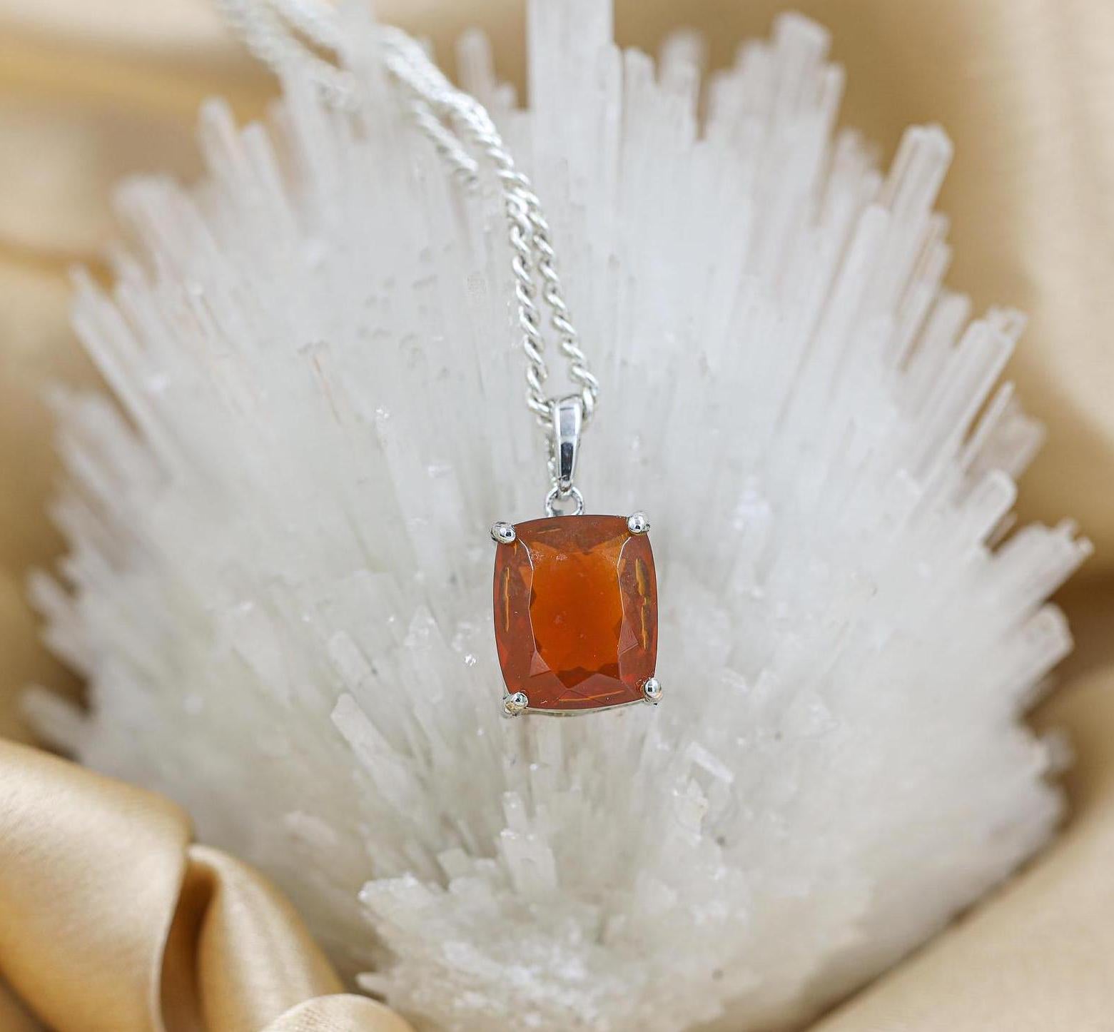 Natural Mexican Fire Opal Pendant: 925 Sterling Silver Healing Crystal