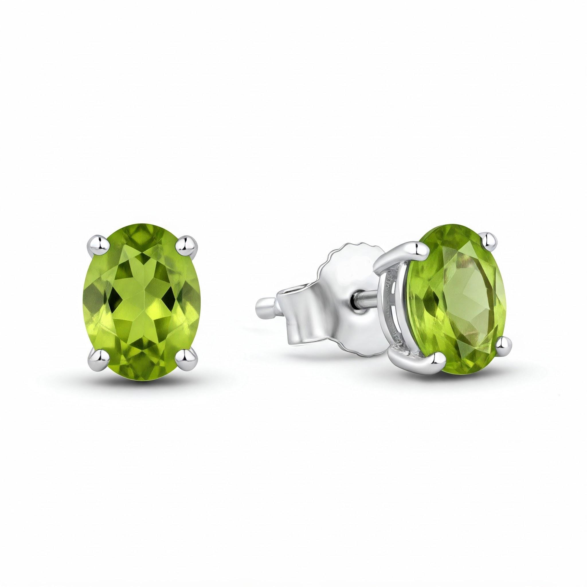 Peridot Sterling Silver Stud Earrings: August Birthstone, Dainty Oval Cut