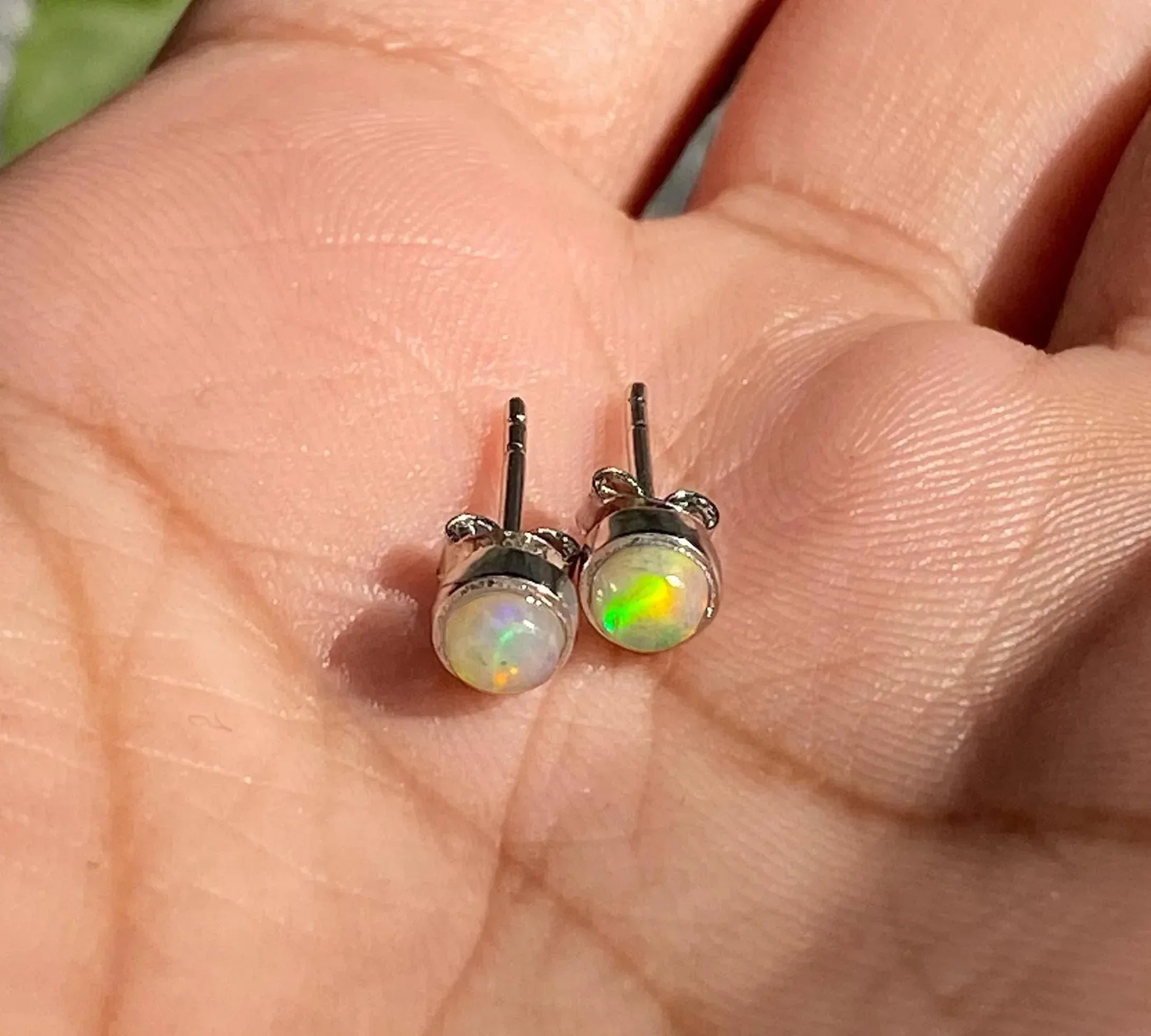 Ethiopian Opal Stud Earrings: Sterling Silver Minimalist Jewelry