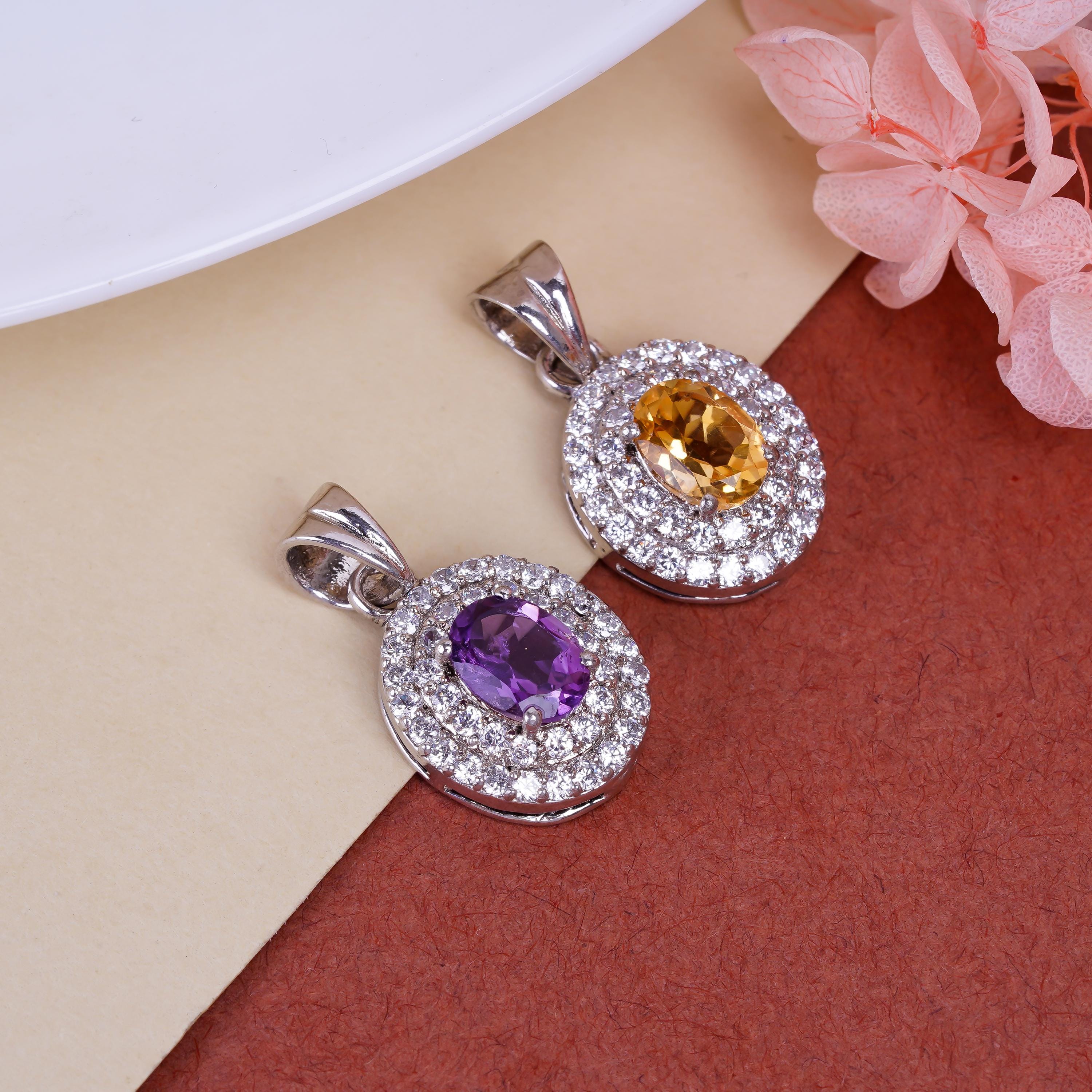 Amethyst & Citrine Pendant: Sterling Silver Oval Gemstone Boho Jewelry