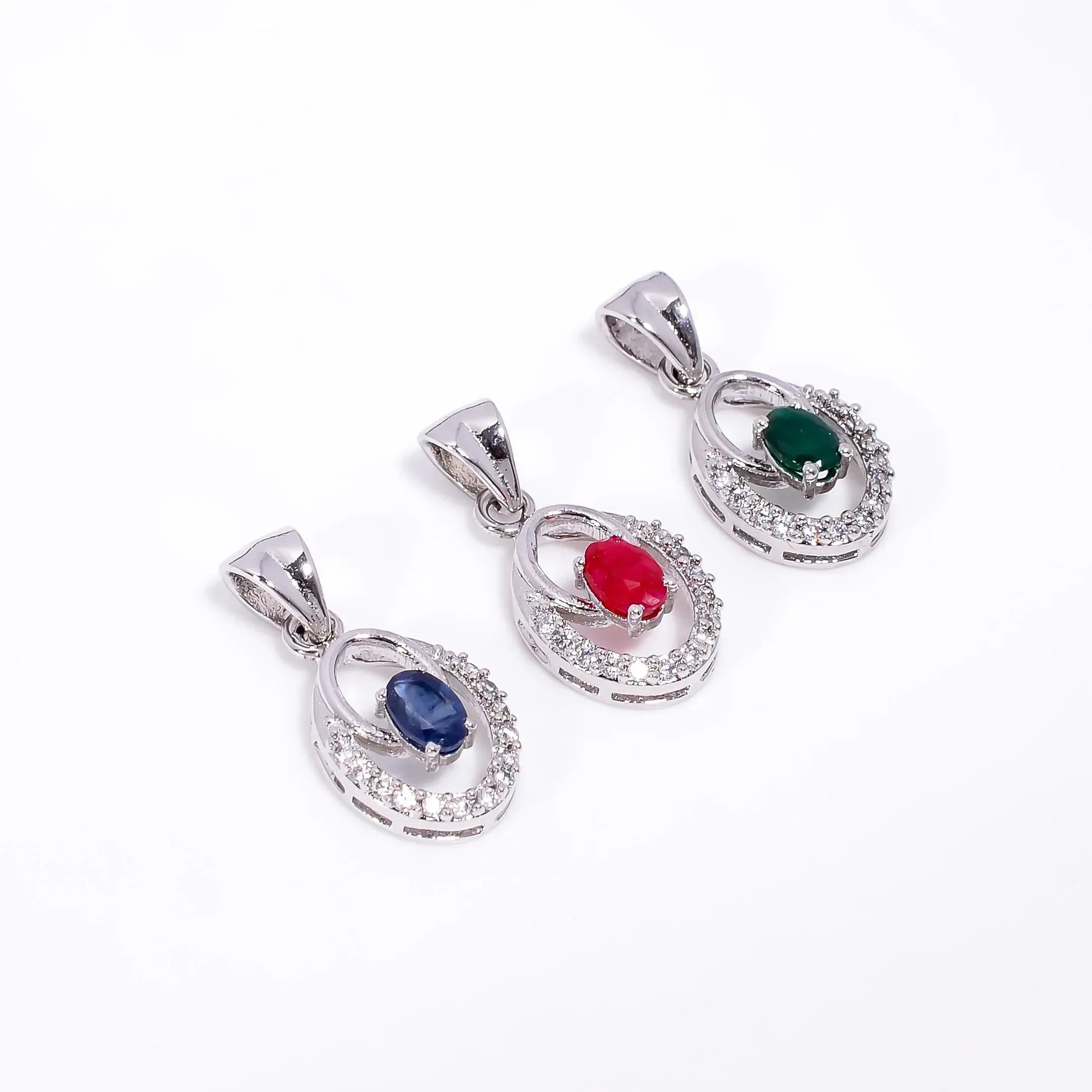Handmade 925 Sterling Silver Gemstone Pendant: Oval Ruby, Emerald, Sapphire