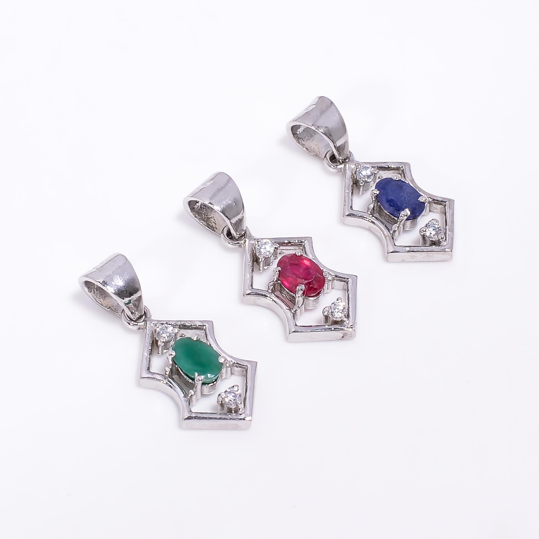 Multi-Stone 925 Sterling Silver Pendant: Garnet, Ruby, Emerald