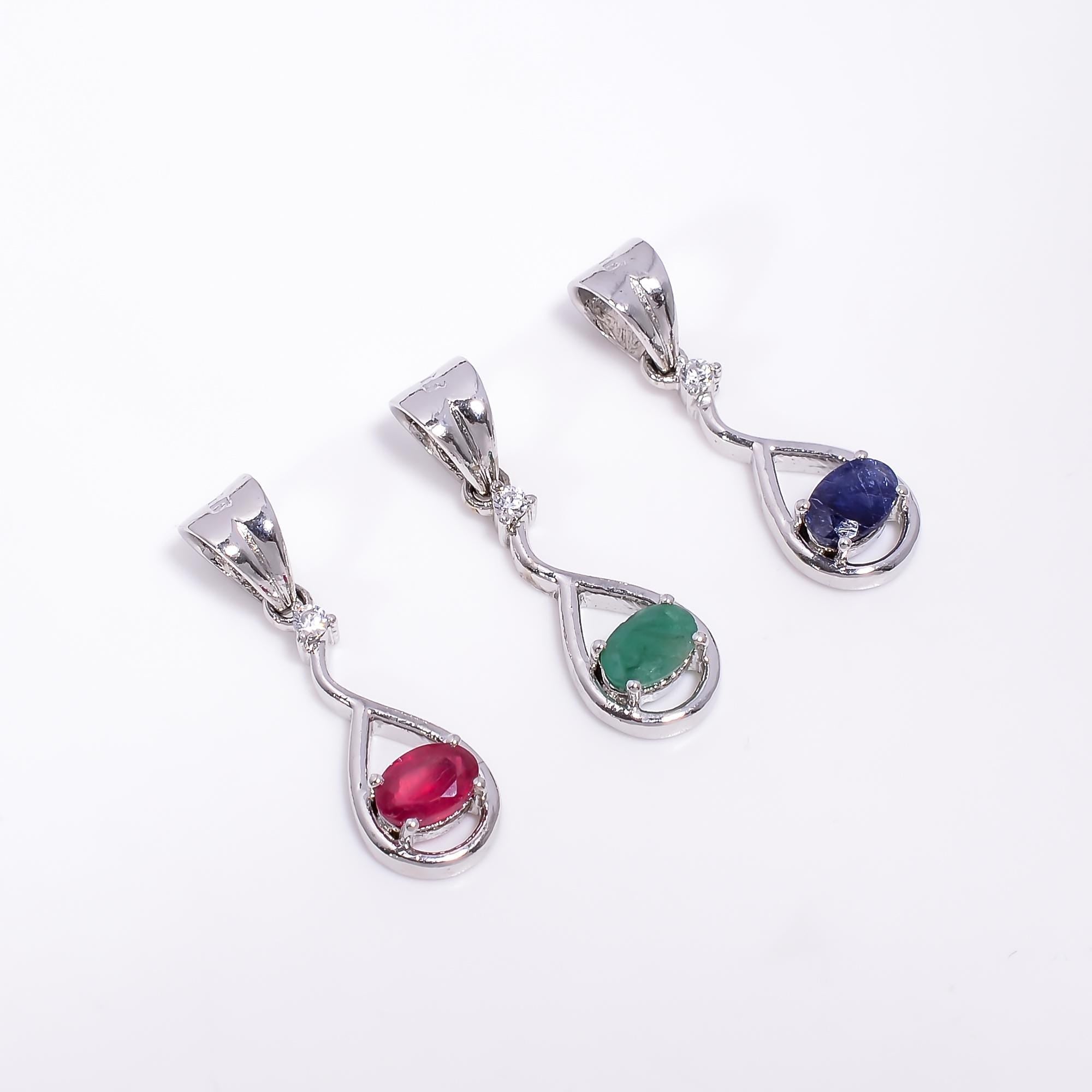 Handmade Sterling Silver Emerald, Ruby & Sapphire Pendant