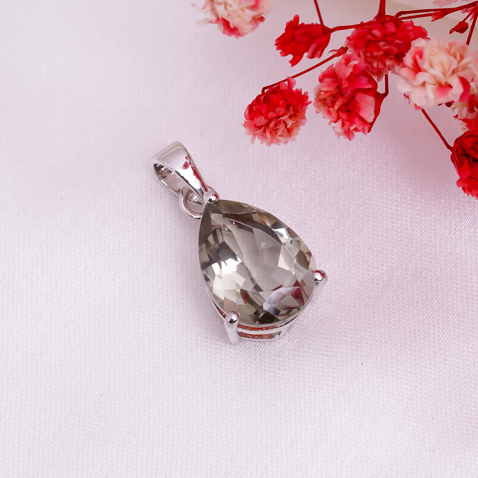 Green Amethyst Pendant: 925 Sterling Silver Pear Prasiolite Jewelry