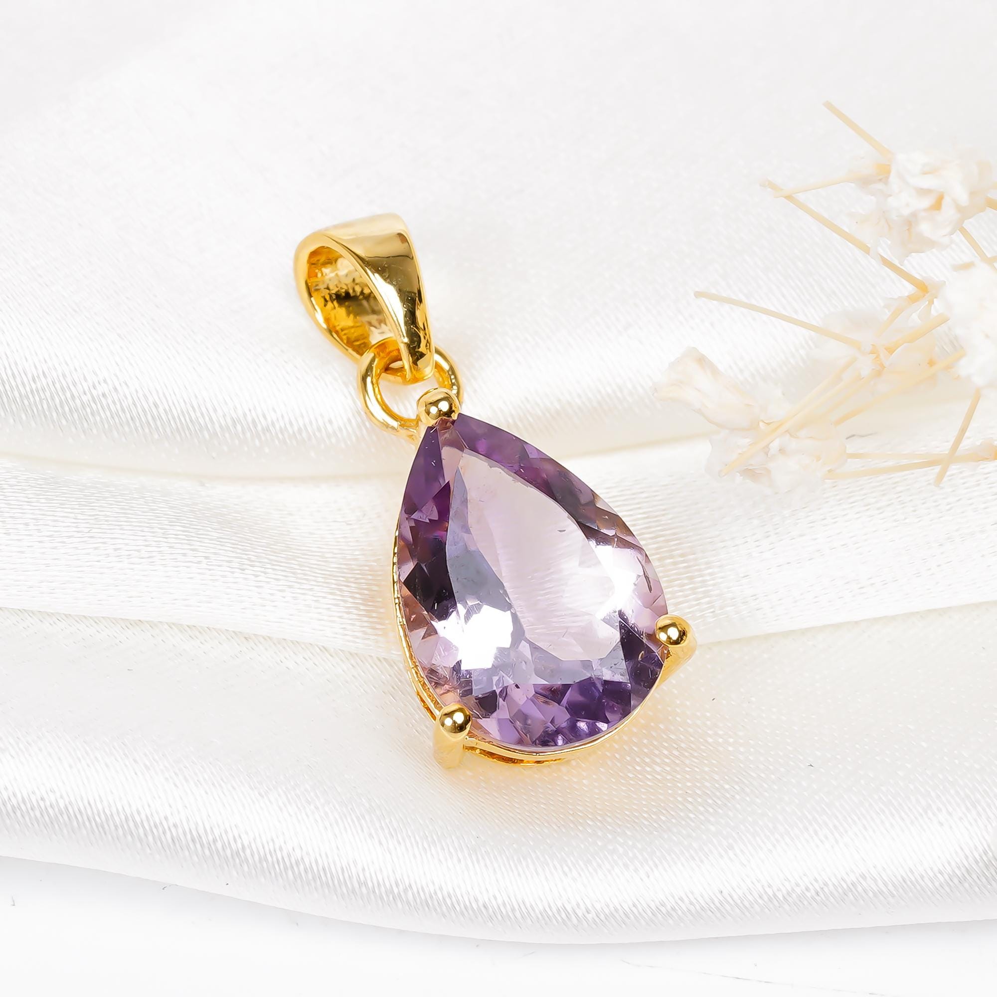Pink Amethyst Pendant: 925 Sterling Silver Pear, February Birthstone