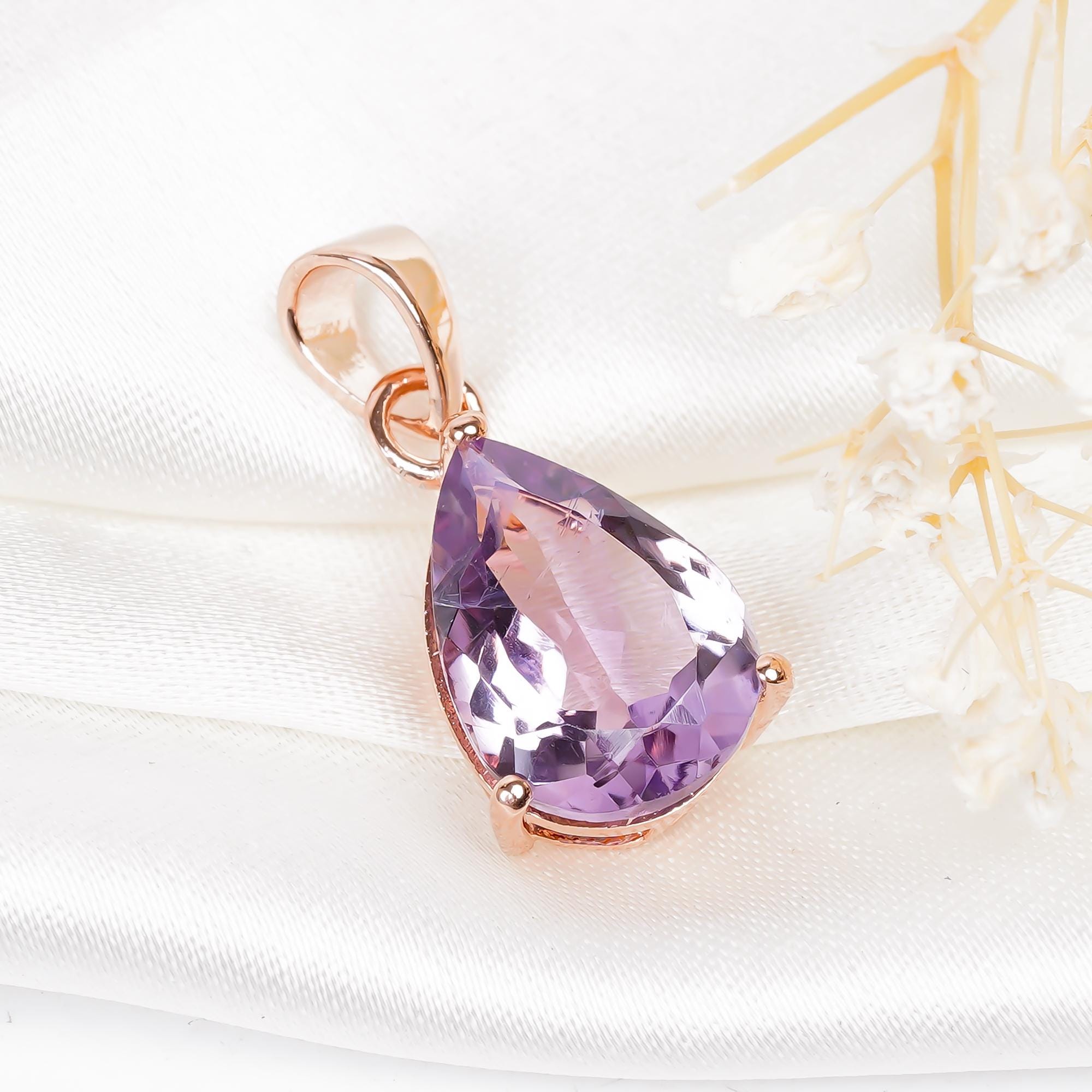 Pink Amethyst Pendant: 925 Sterling Silver Pear, February Birthstone