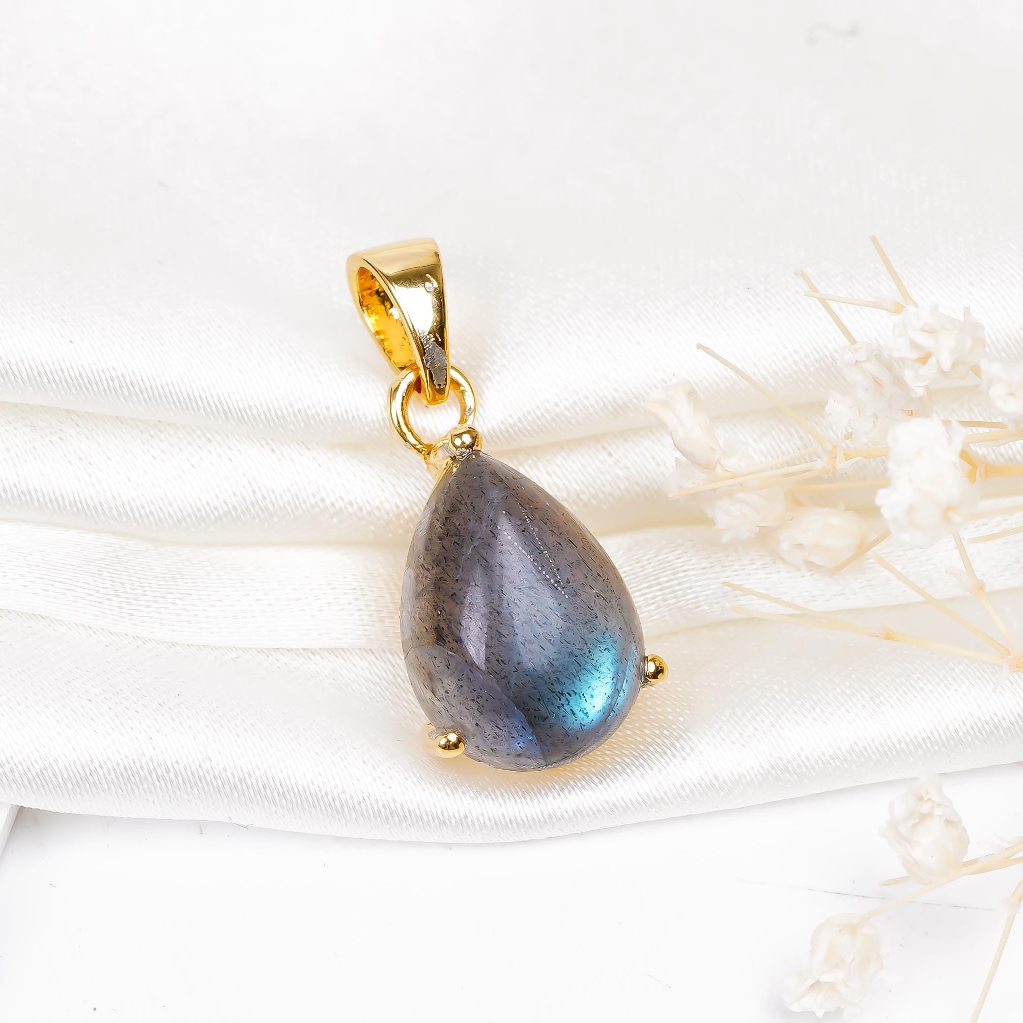 Blue Fire Labradorite Pendant: 925 Sterling Silver Pear Jewelry