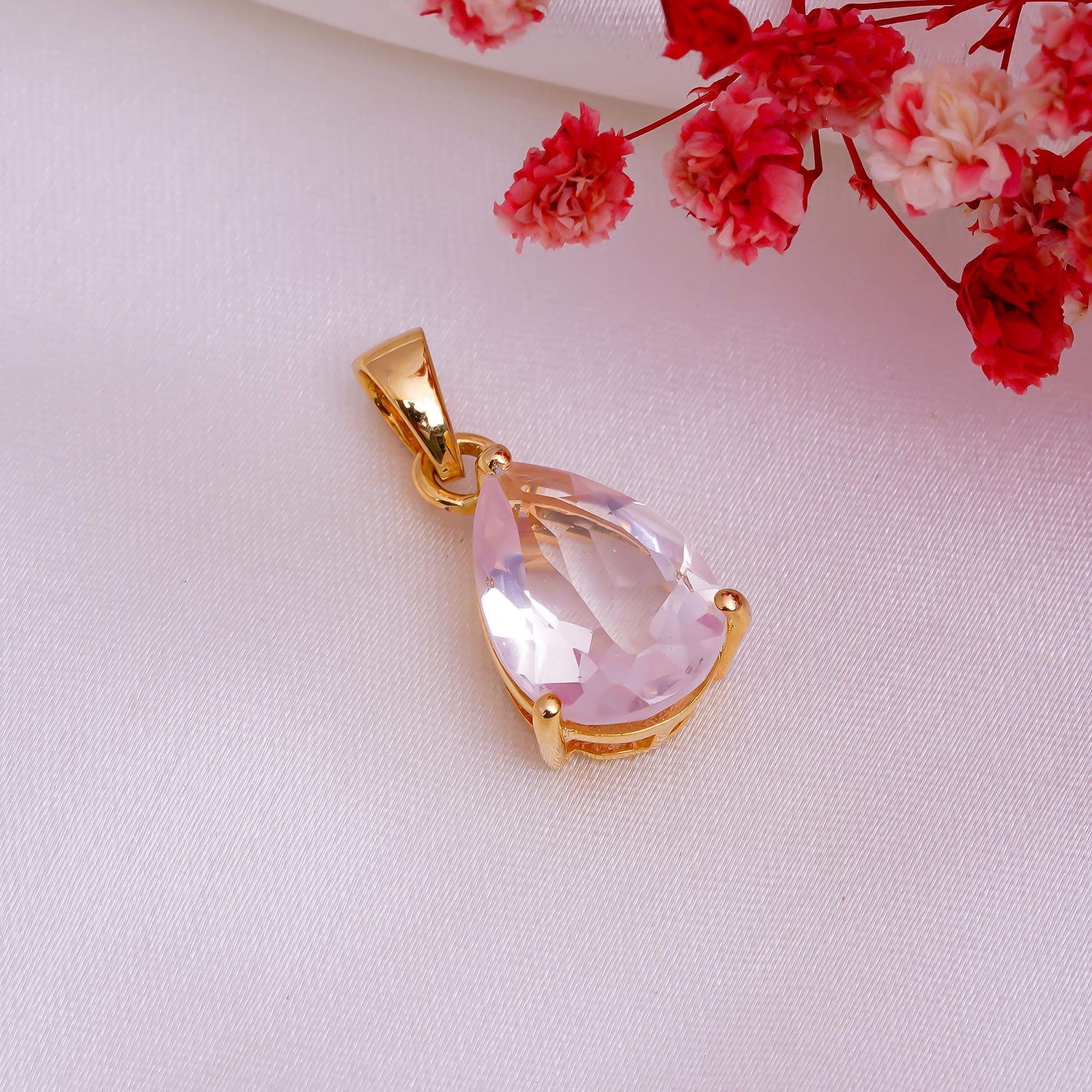 Handmade 925 Sterling Silver Rose Quartz Pear Pendant: Fine Jewelry
