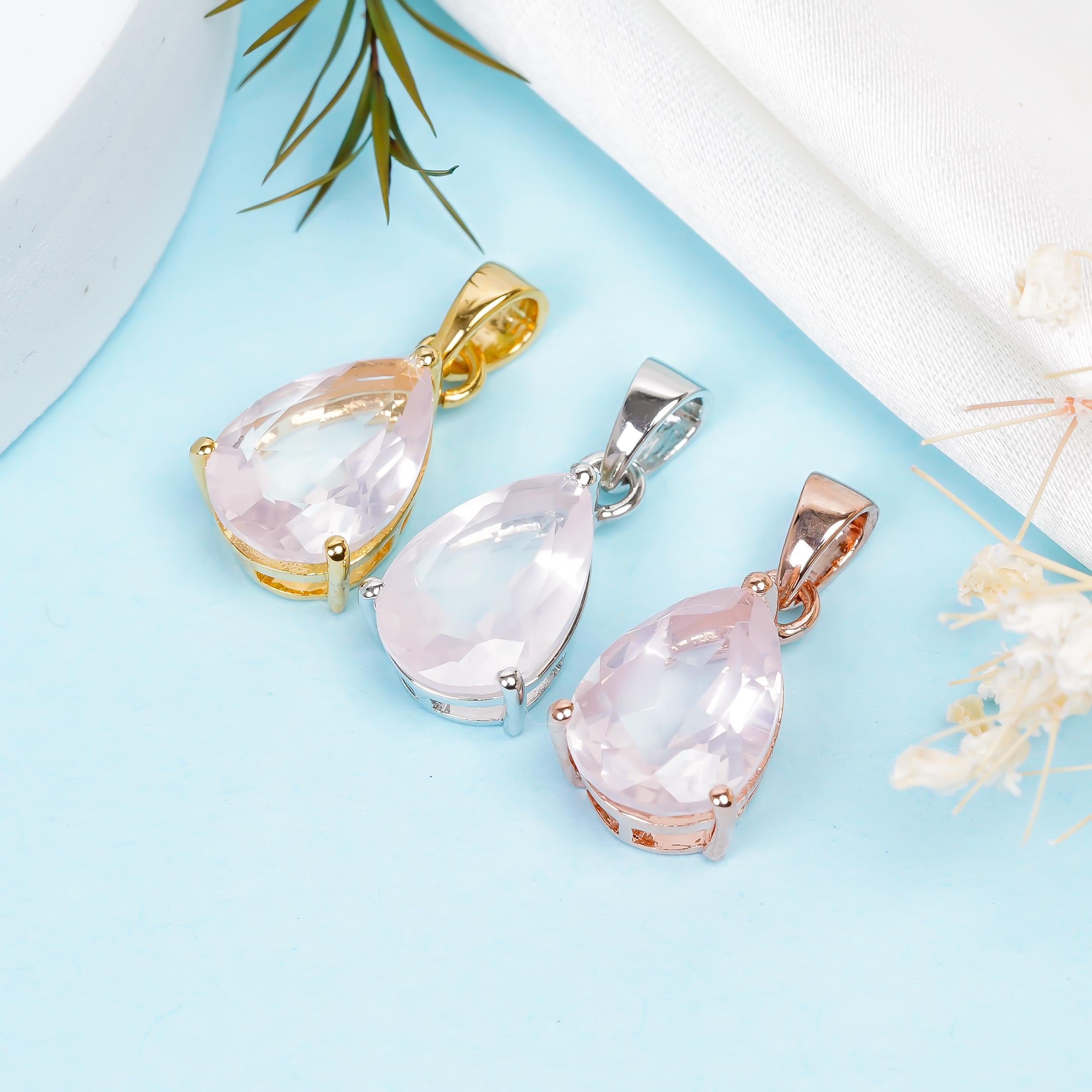 Handmade 925 Sterling Silver Rose Quartz Pear Pendant: Fine Jewelry