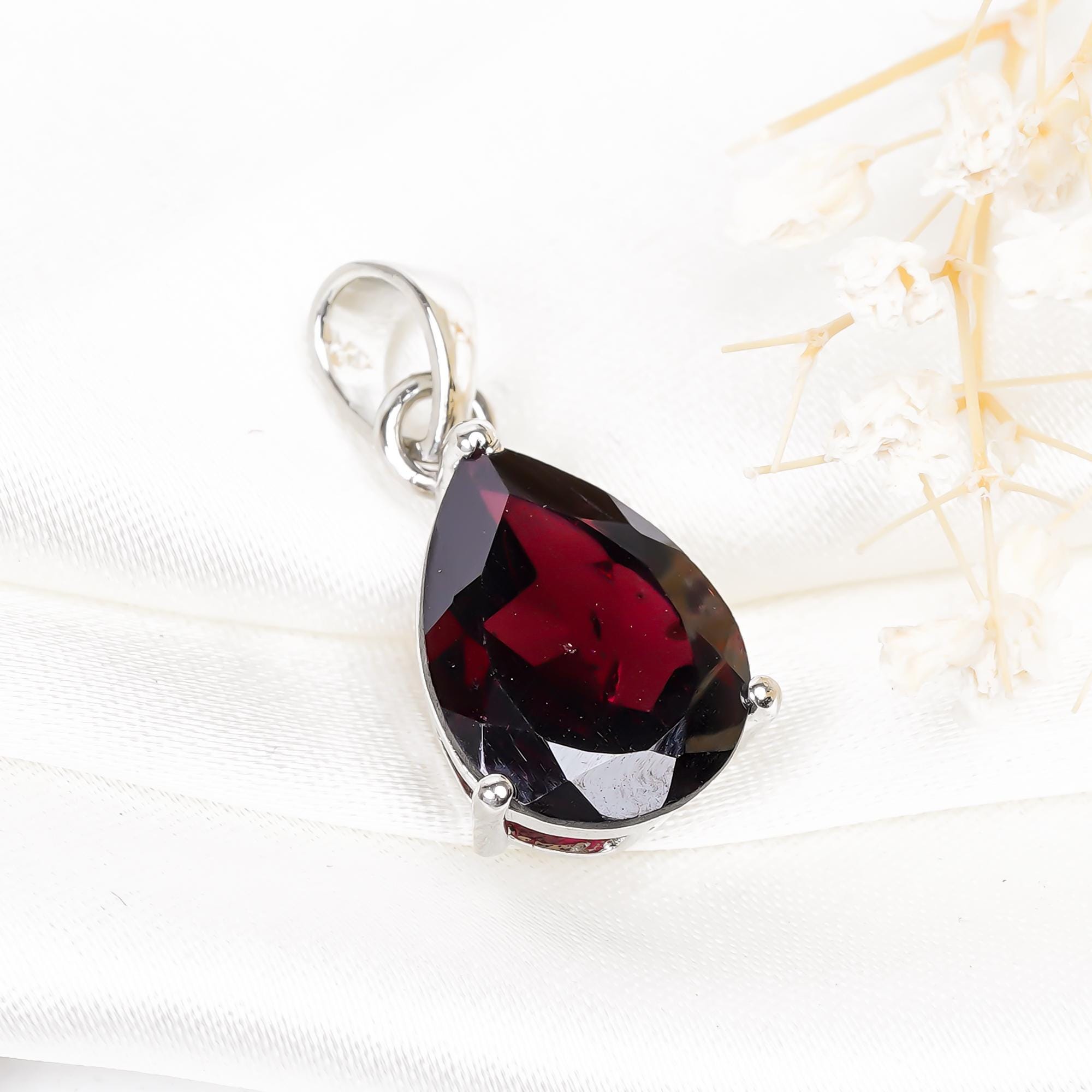 Garnet Teardrop Pendant: 925 Sterling Silver January Birthstone