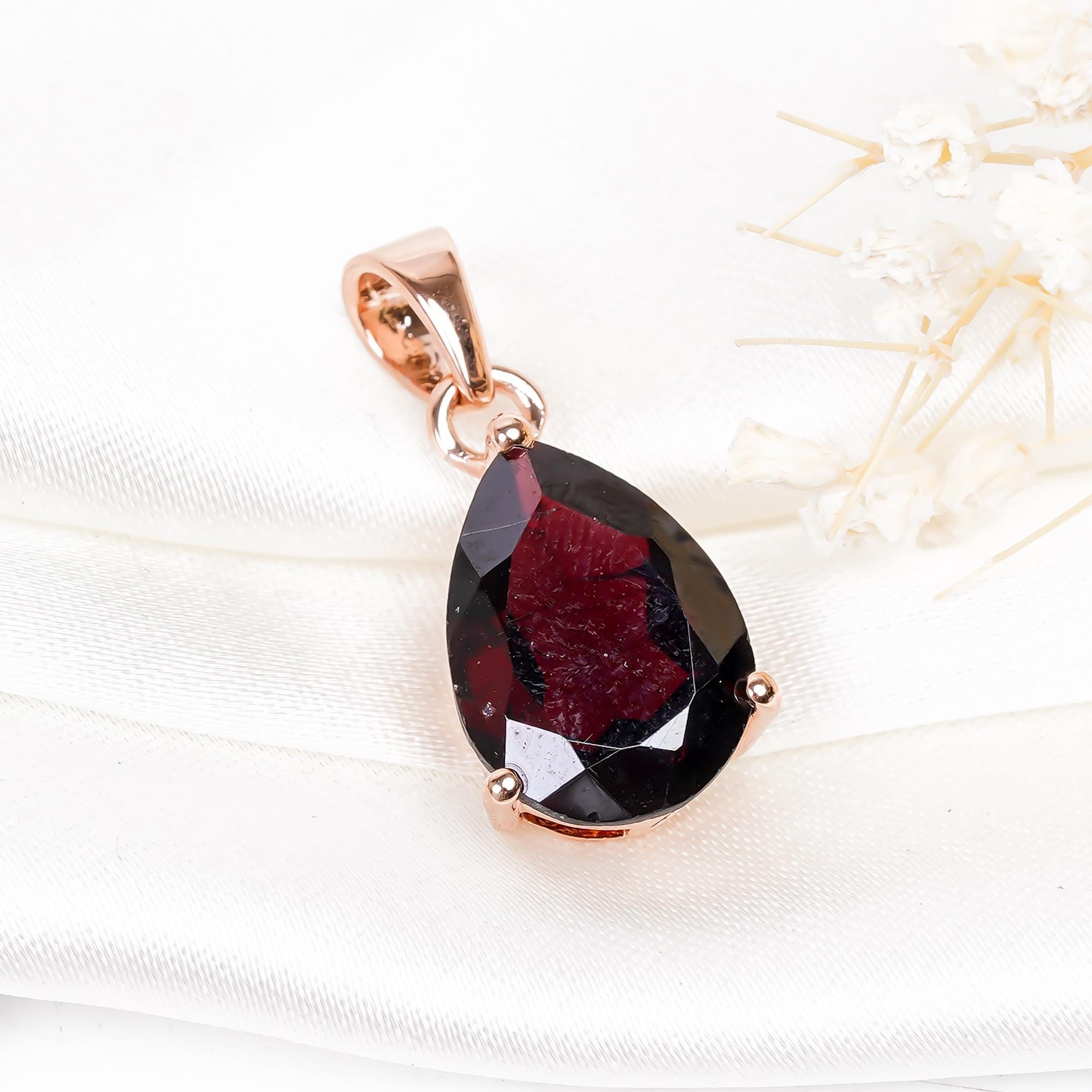 Garnet Teardrop Pendant: 925 Sterling Silver January Birthstone