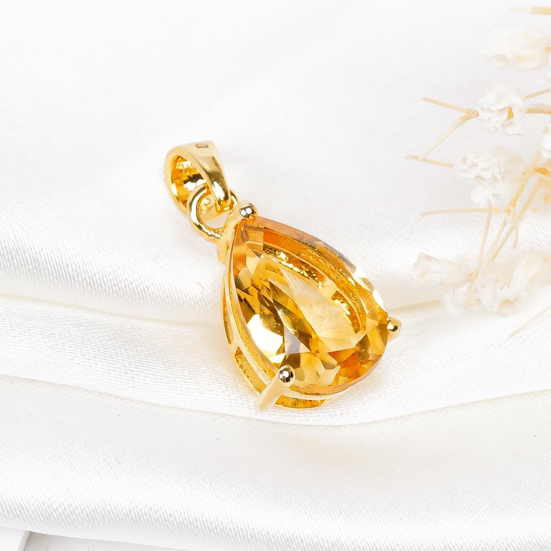 Handmade Pear Citrine Pendant: 925 Sterling Silver Jewelry