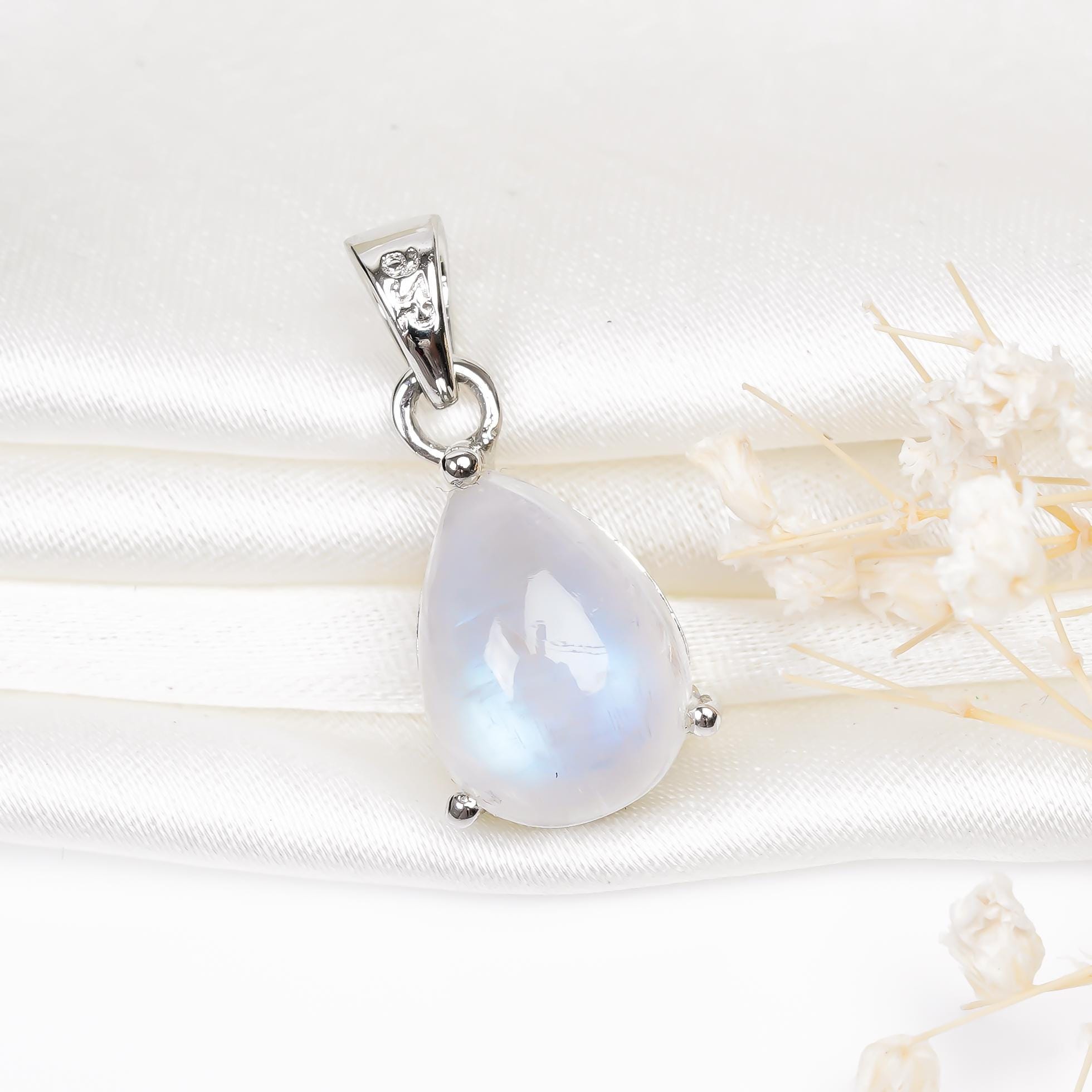 Rainbow Moonstone Teardrop Pendant: 925 Silver Handmade Jewelry