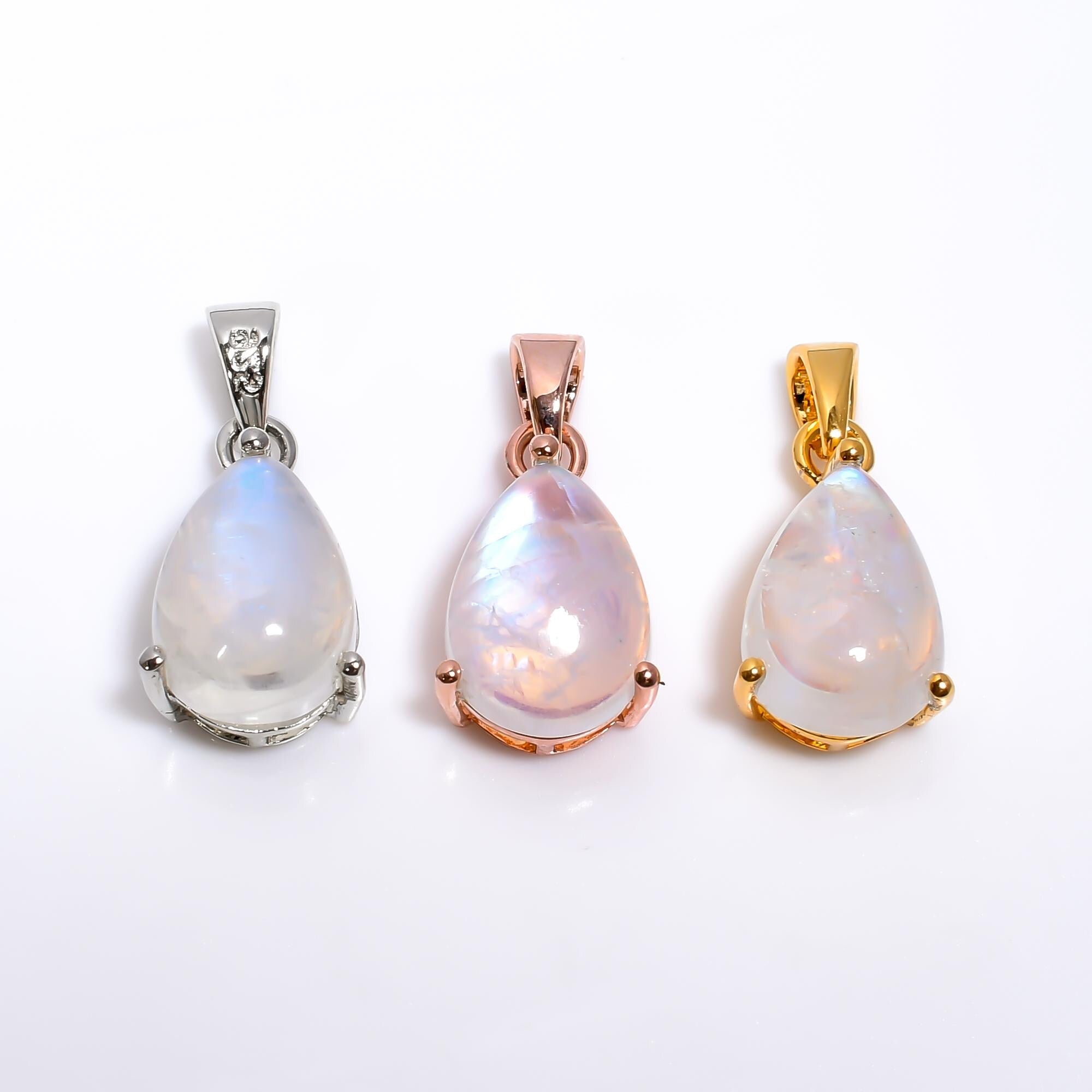 Rainbow Moonstone Teardrop Pendant: 925 Silver Handmade Jewelry