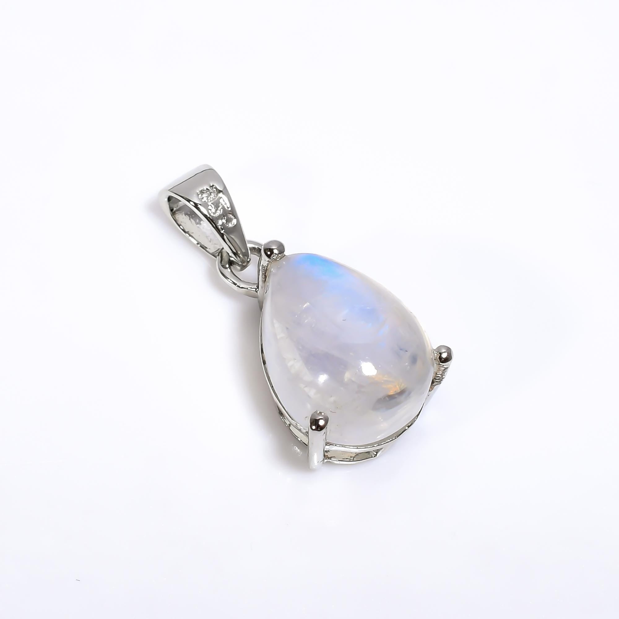 Rainbow Moonstone Teardrop Pendant: 925 Silver Handmade Jewelry