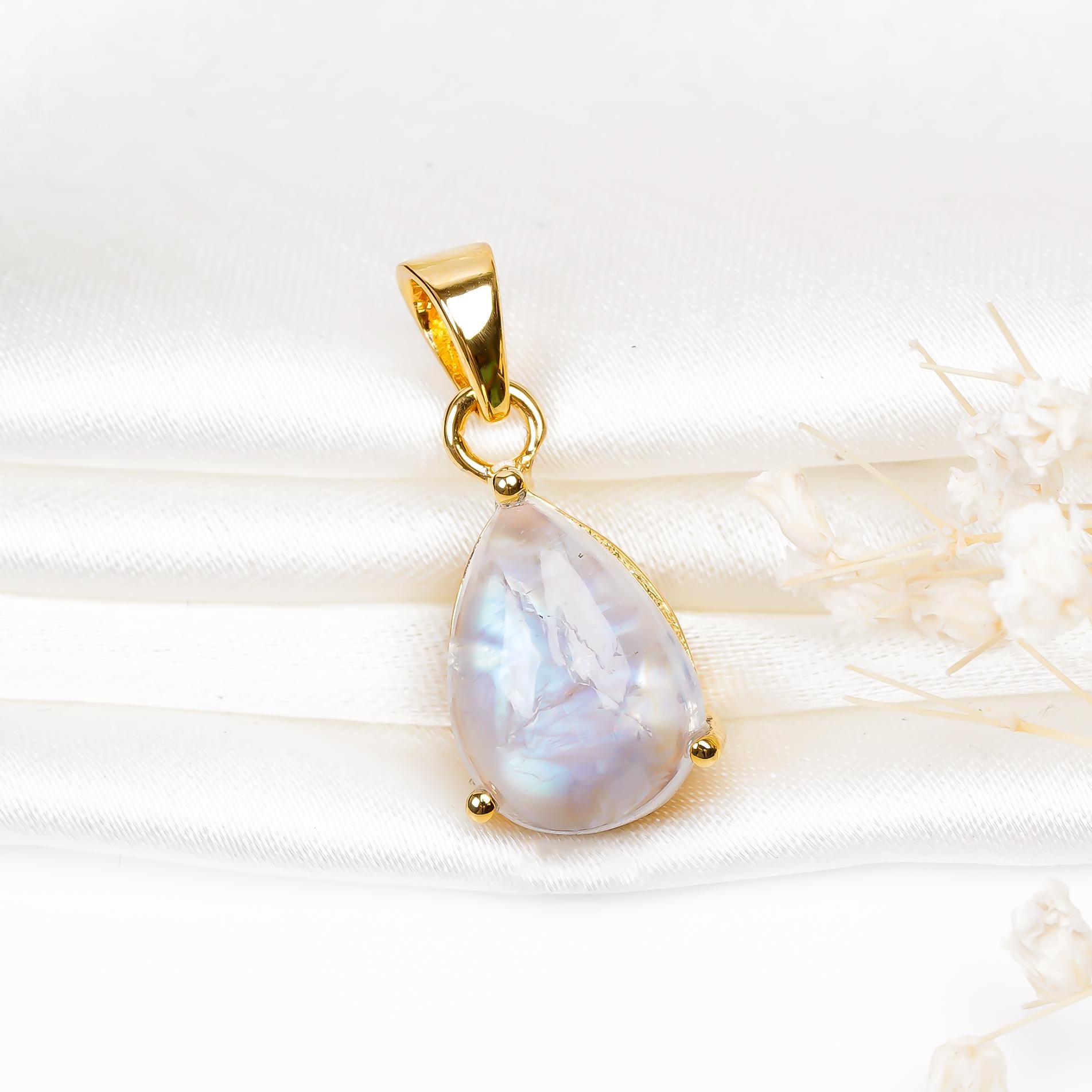 Rainbow Moonstone Teardrop Pendant: 925 Silver Handmade Jewelry