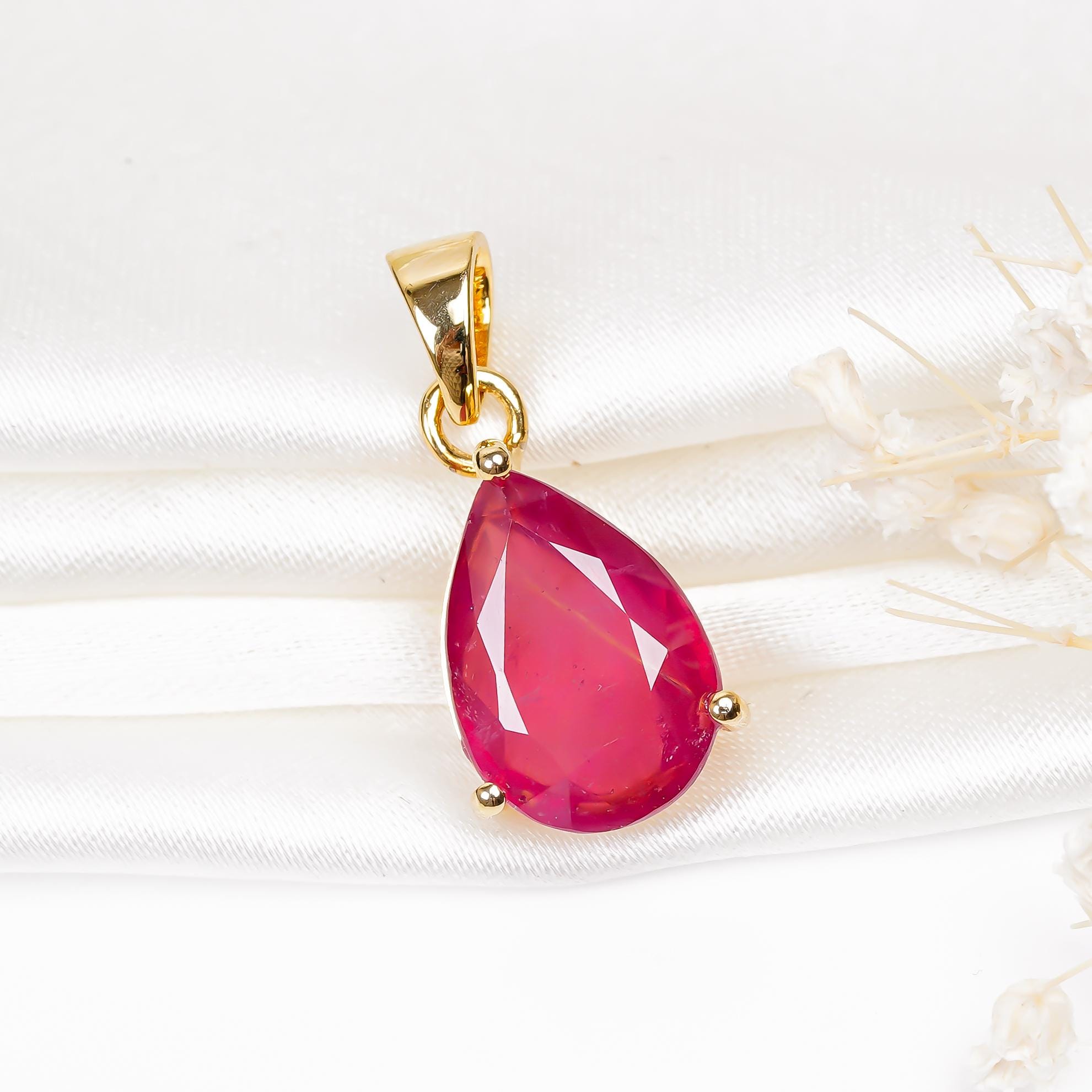 Ruby Pear Pendant: 925 Sterling Silver, July Birthstone