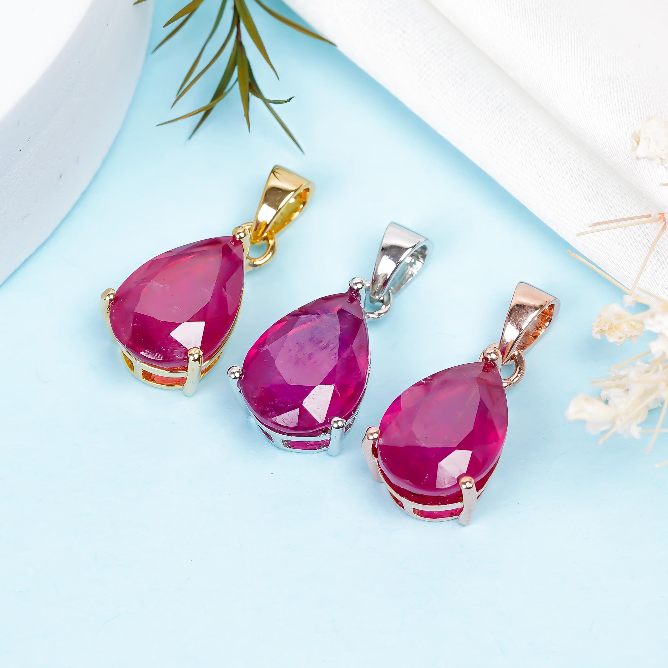 Ruby Pear Pendant: 925 Sterling Silver, July Birthstone