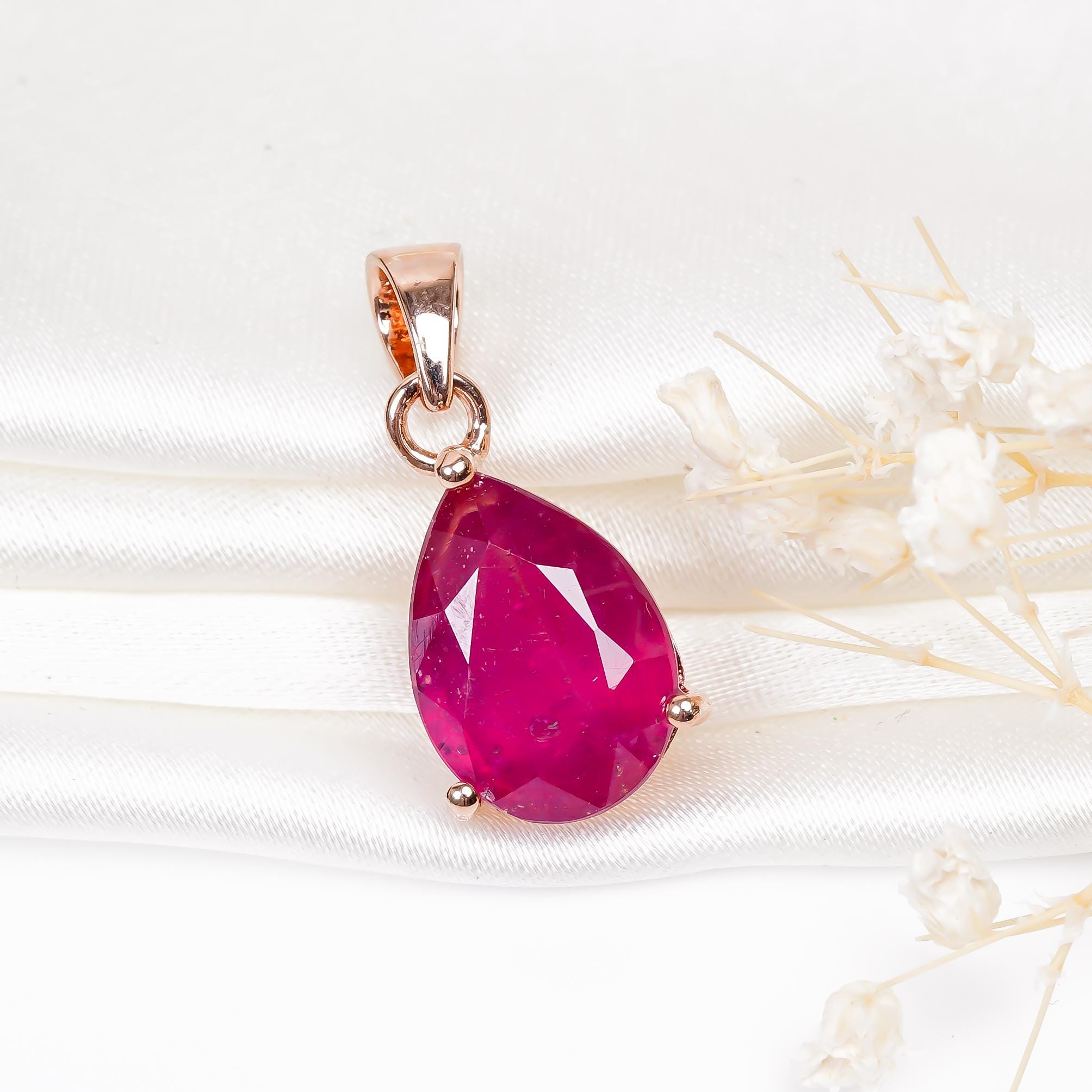 Ruby Pear Pendant: 925 Sterling Silver, July Birthstone
