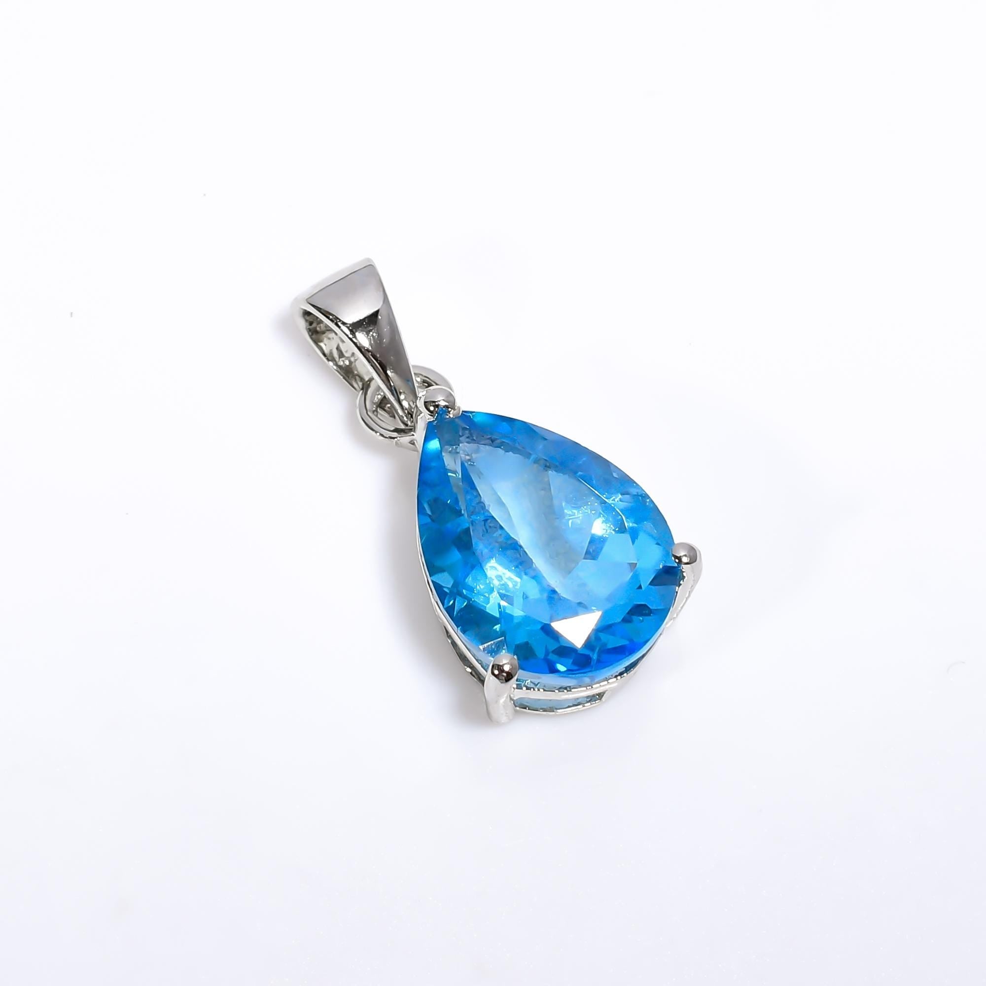 Handmade Royal Blue Topaz Pendant: 925 Silver Pear Jewelry