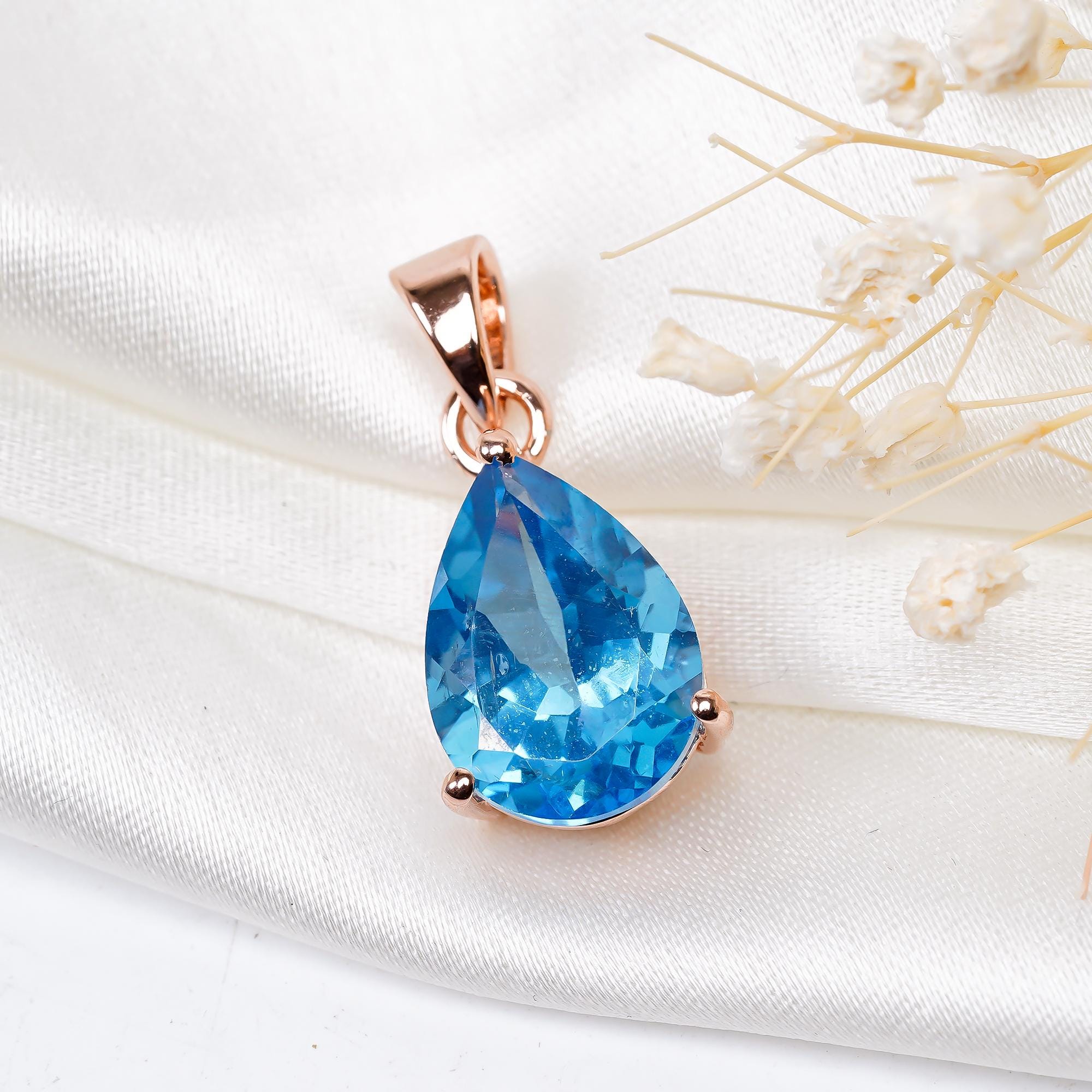 Handmade Royal Blue Topaz Pendant: 925 Silver Pear Jewelry