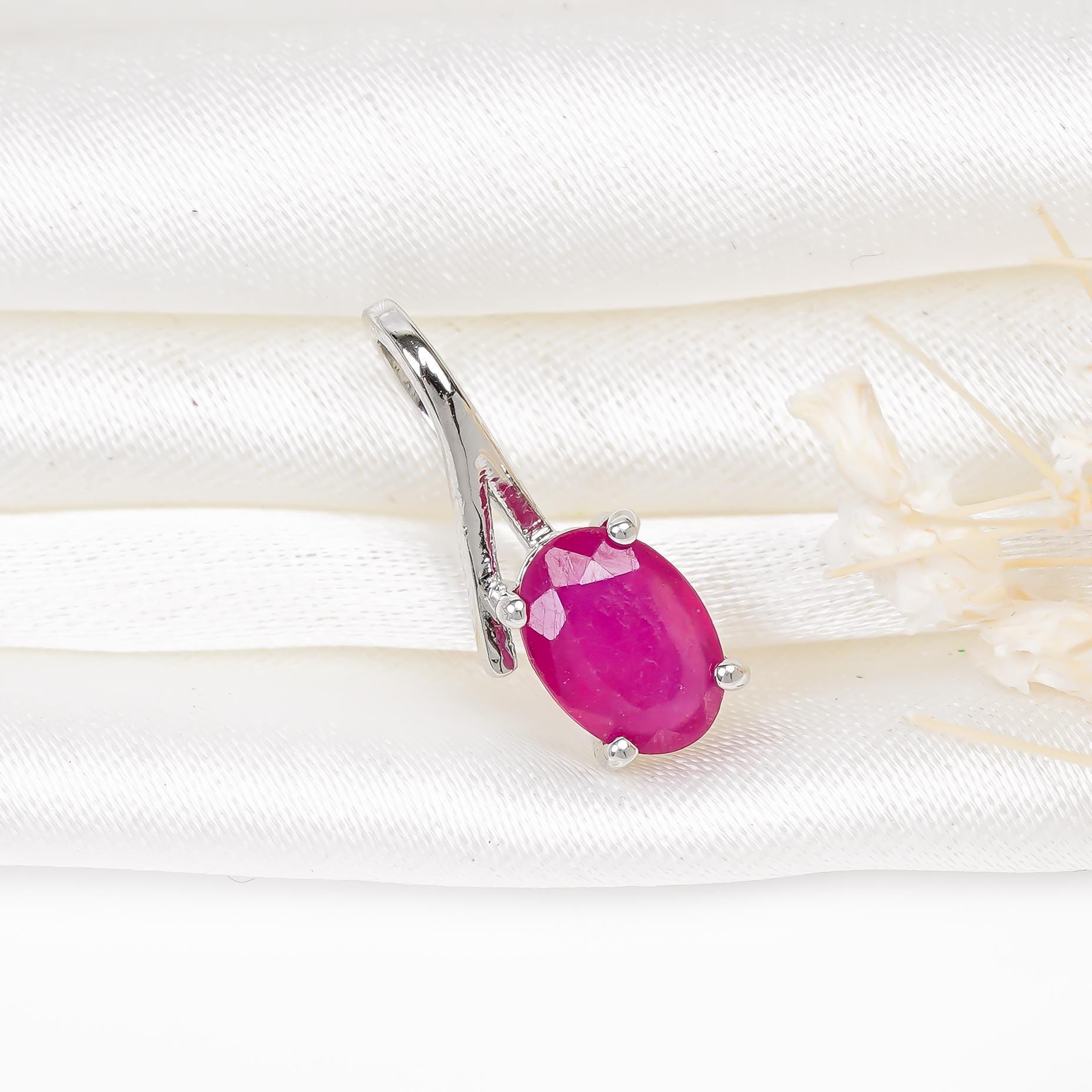 Ruby Pendant Necklace: 925 Sterling Silver, Oval Gemstone