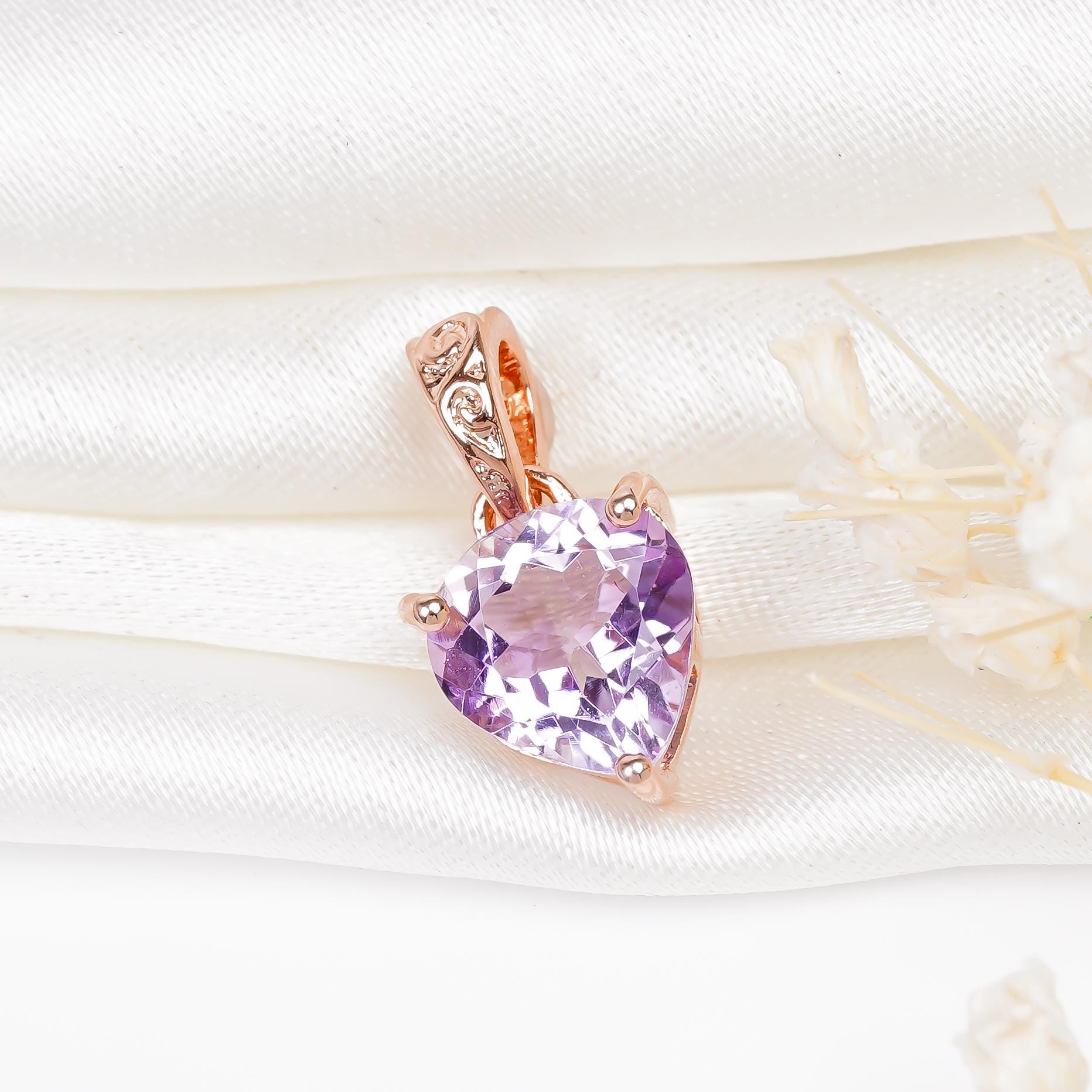 Pink Amethyst Heart Pendant: 925 Sterling Silver, Gold Plated