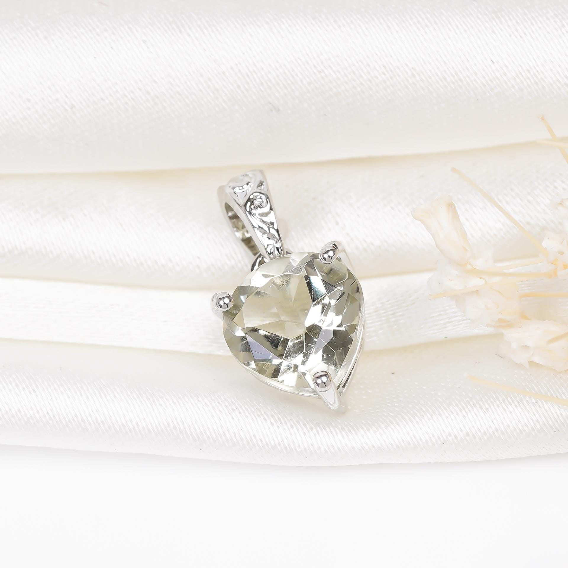 Green Amethyst Heart Pendant: 925 Sterling Silver Gemstone Necklace