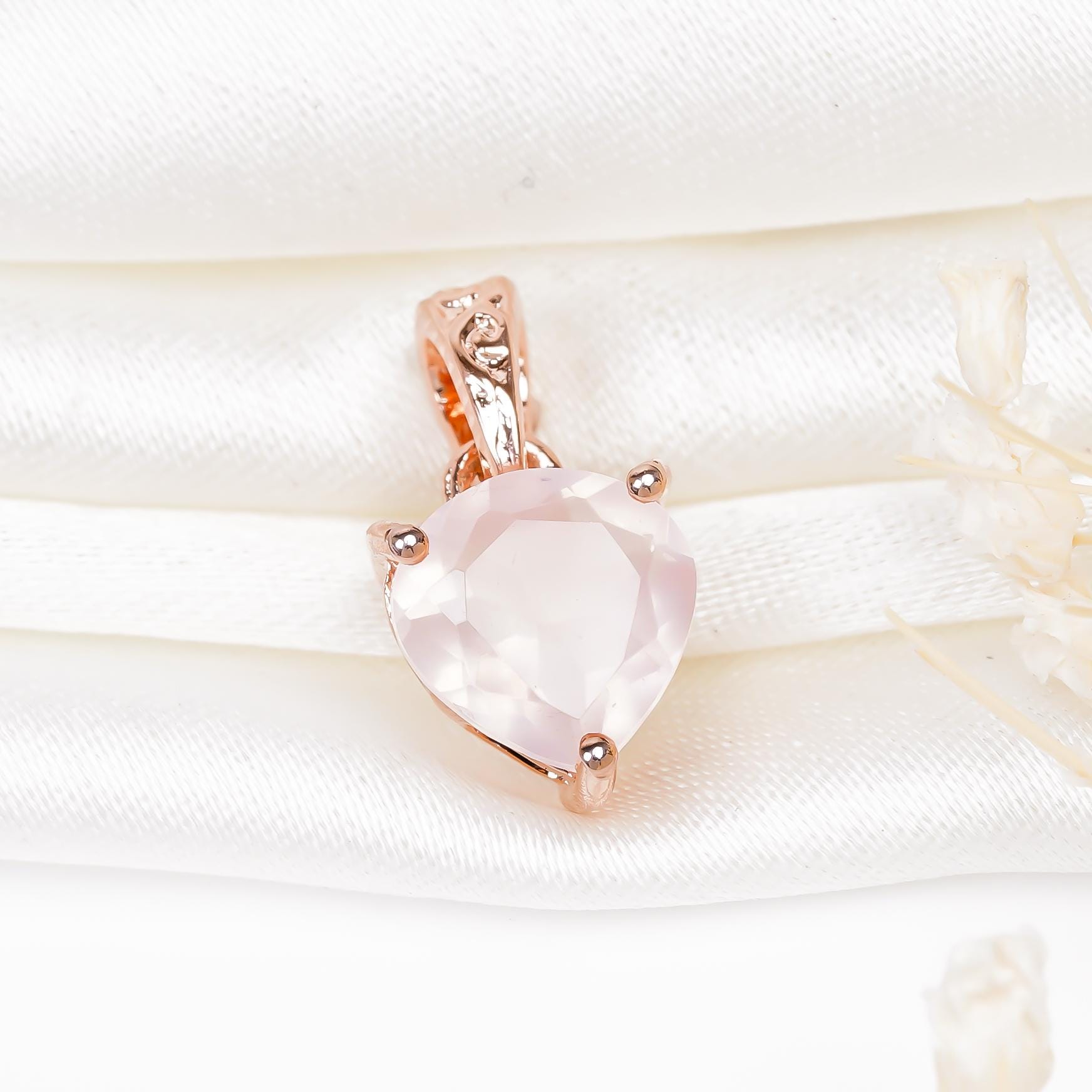 Rose Quartz Silver Pendant – Heart Stone, Love Crystal, Handmade Necklace