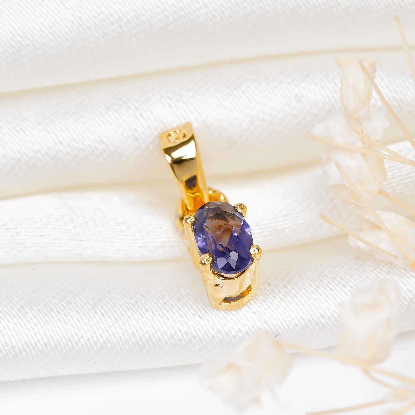 Handmade Iolite Gemstone Pendant: 925 Sterling Silver & Yellow Gold