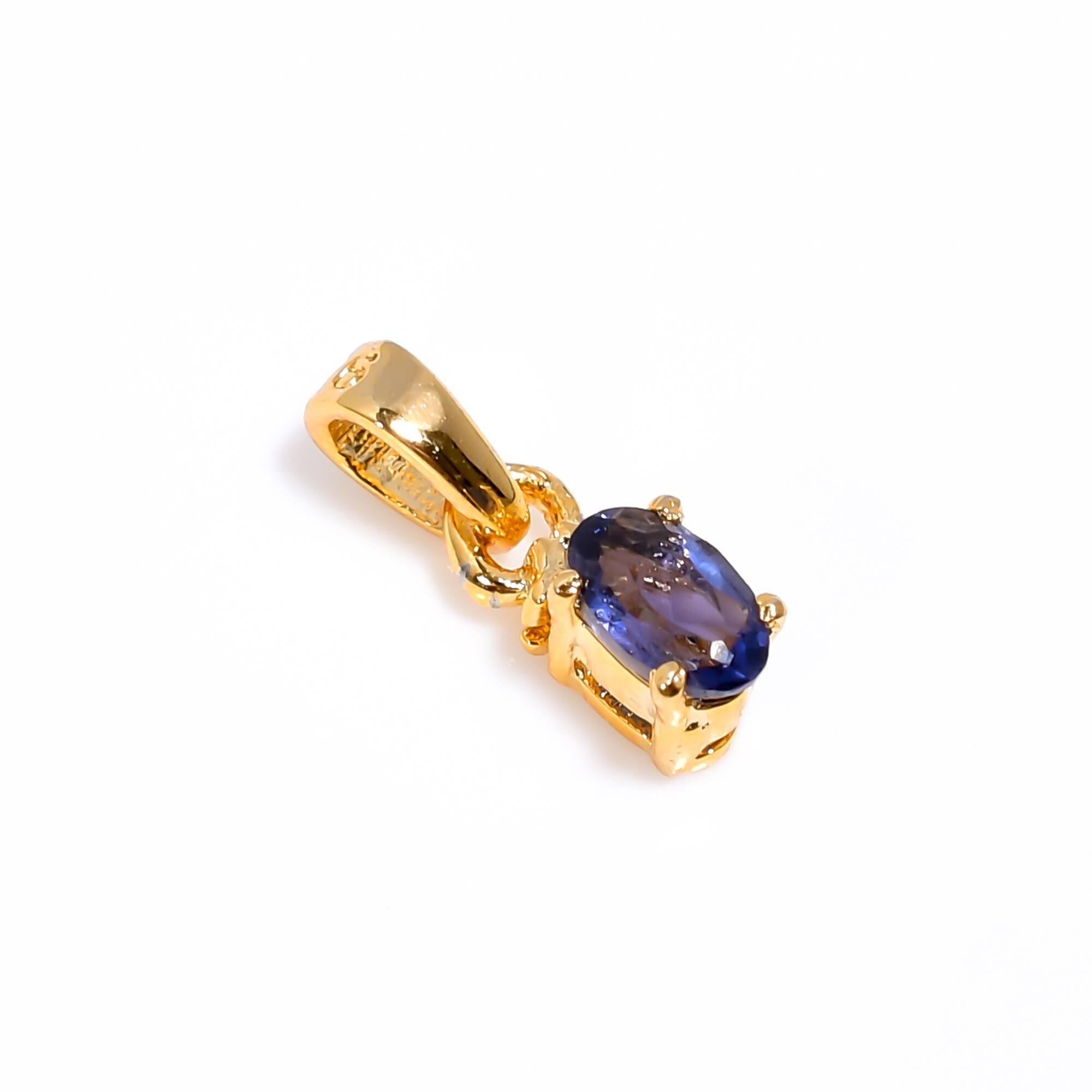 Handmade Iolite Gemstone Pendant: 925 Sterling Silver & Yellow Gold
