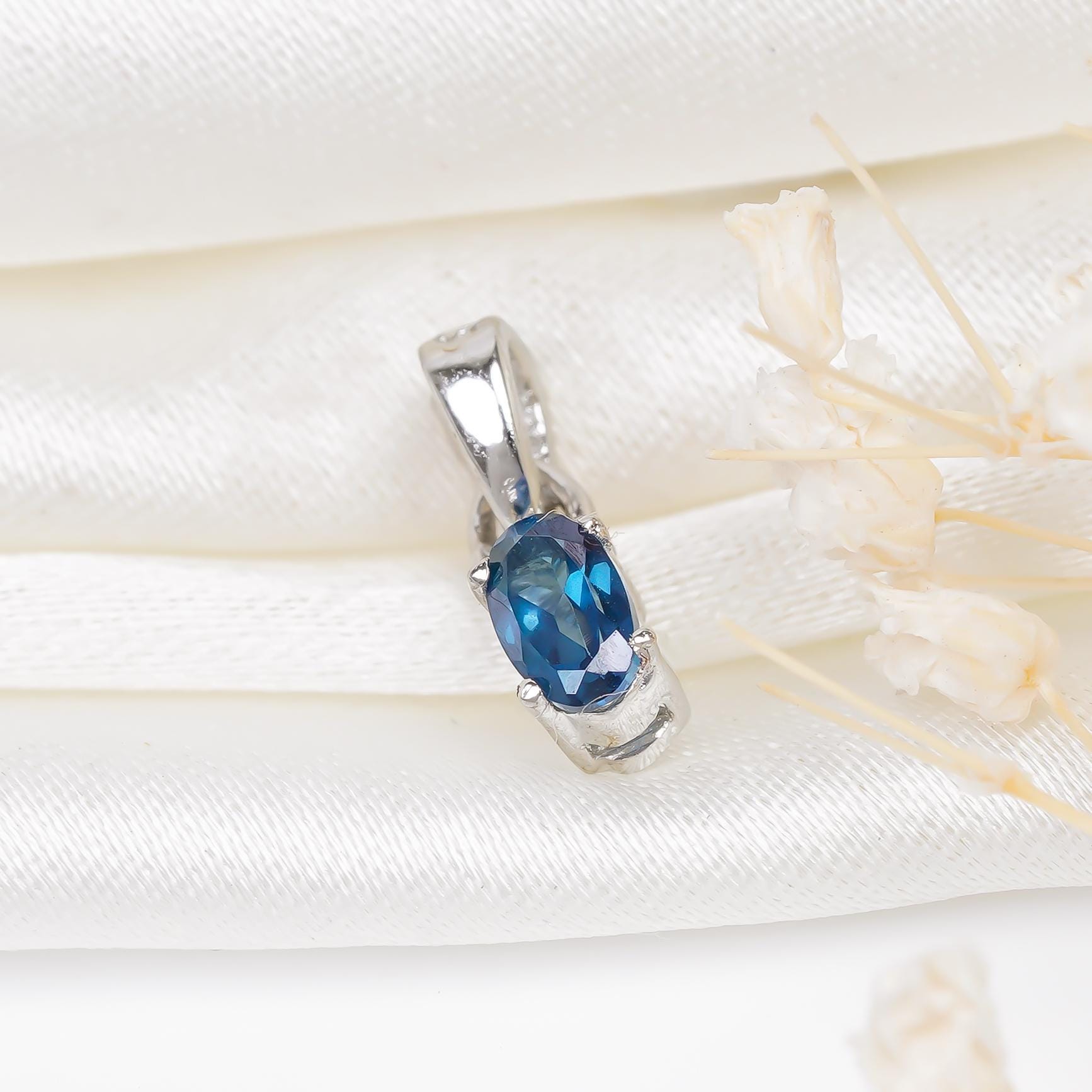 London Blue Topaz Pendant: Handmade 925 Sterling Silver, Oval Cut