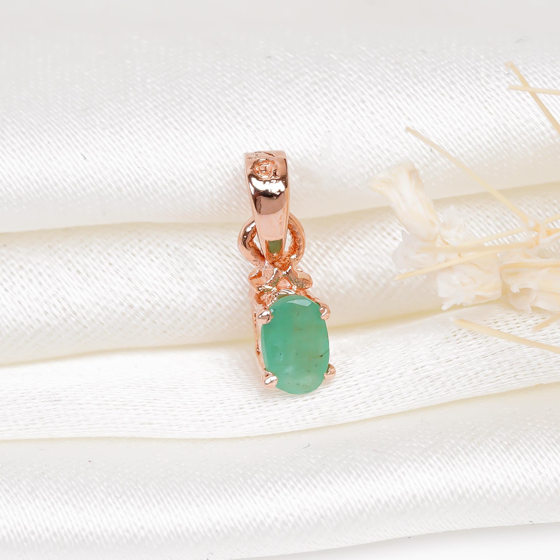 Handmade 925 Sterling Silver Emerald Pendant: Oval Green Gemstone Jewelry