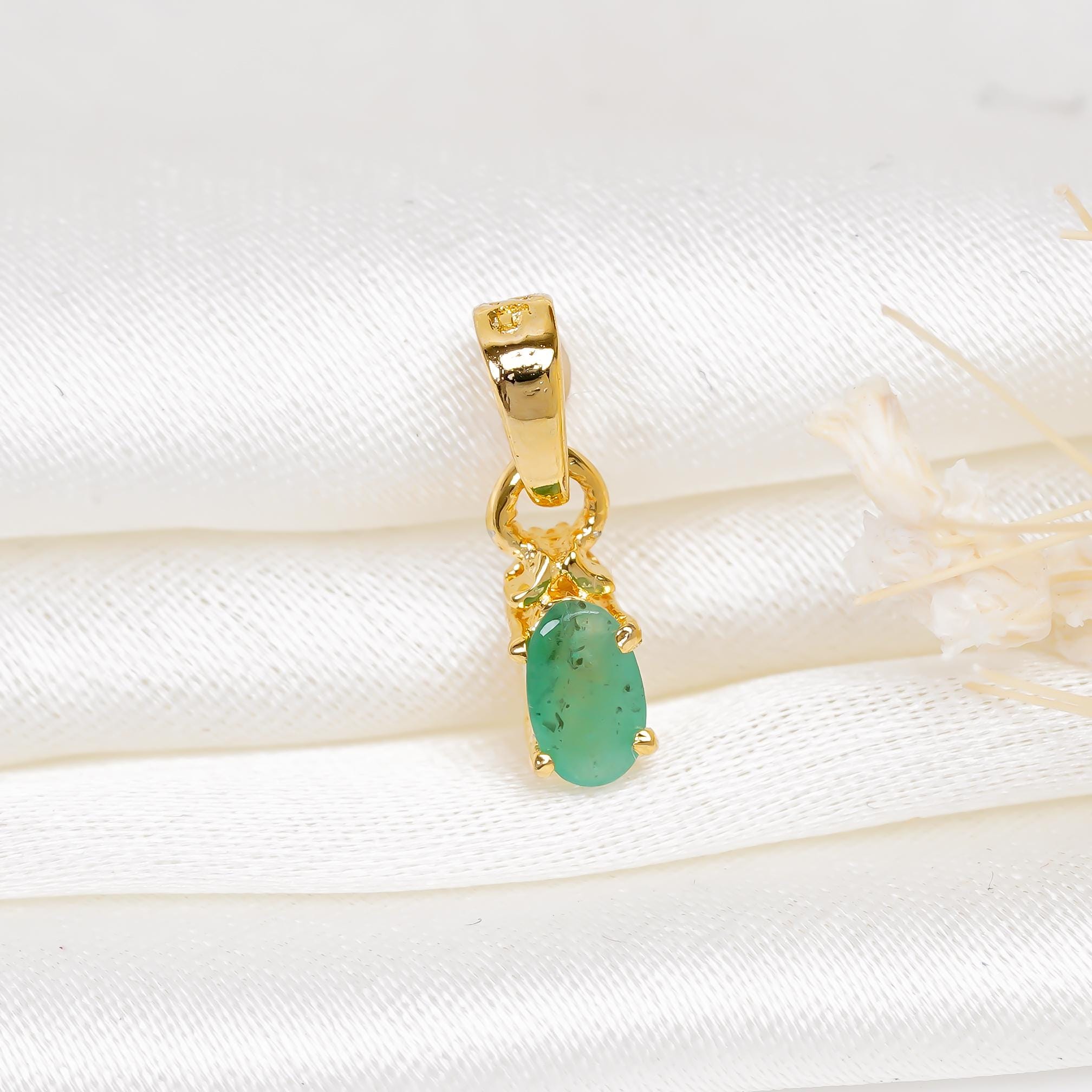 Handmade 925 Sterling Silver Emerald Pendant: Oval Green Gemstone Jewelry