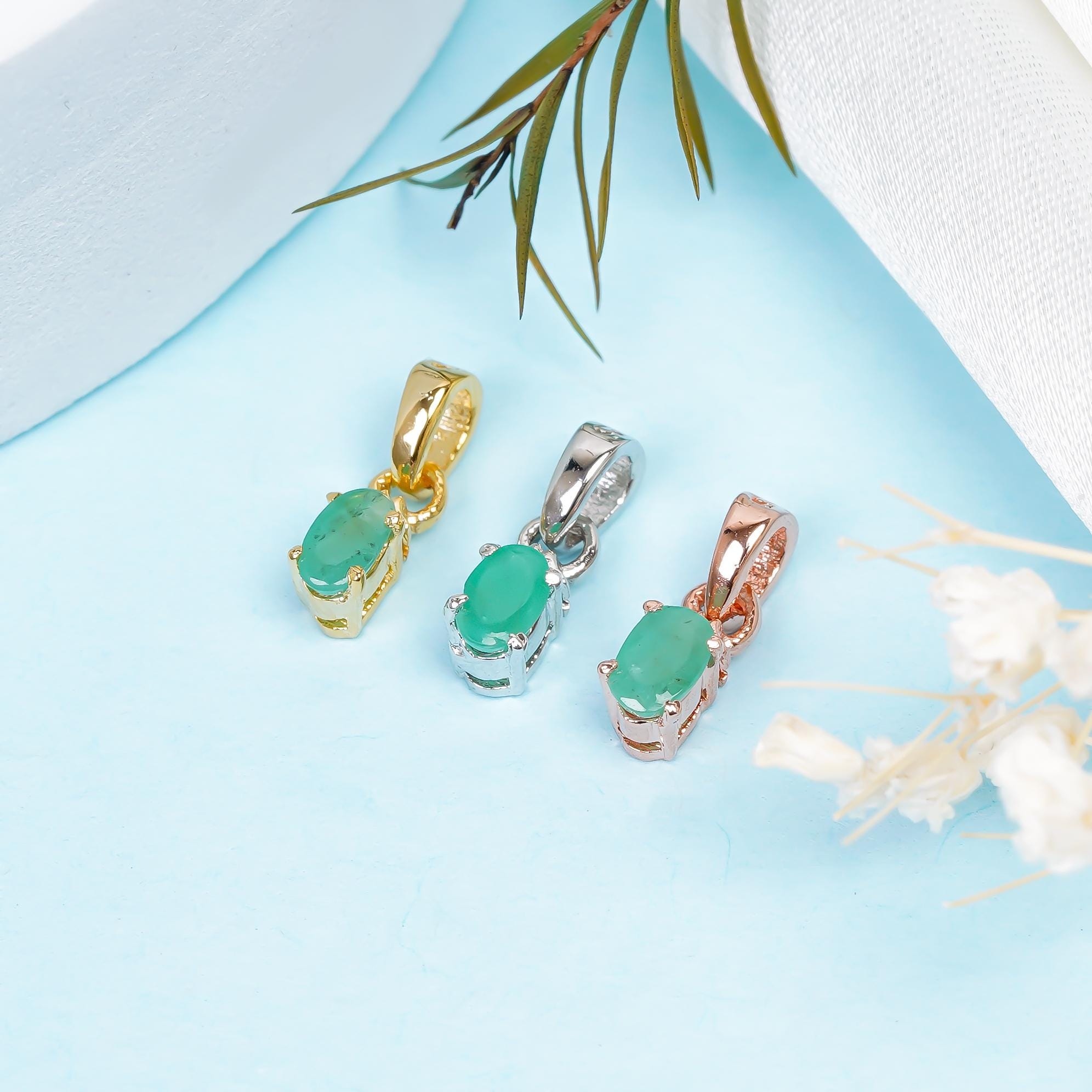 Handmade 925 Sterling Silver Emerald Pendant: Oval Green Gemstone Jewelry