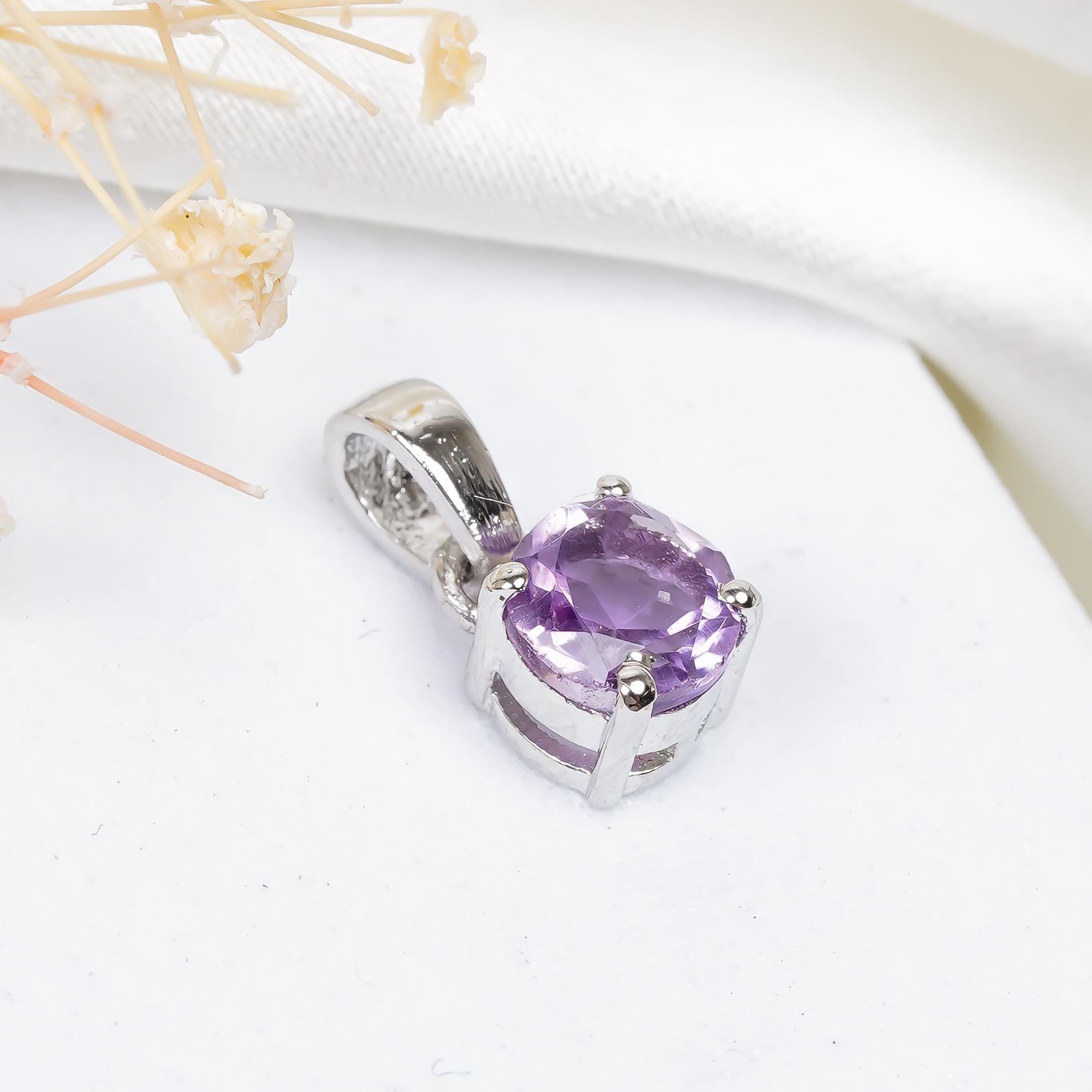 Amethyst 925 Silver Pendant: Round February Birthstone, 6mm Gemstone