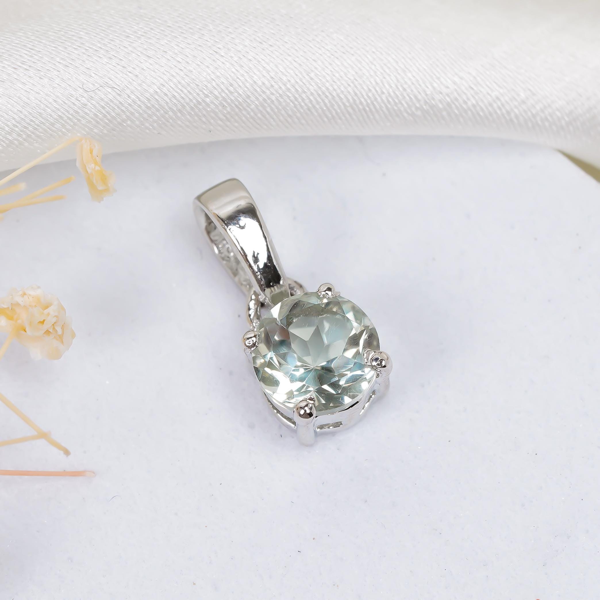 Green Amethyst 925 Sterling Silver Pendant - Handmade 6mm Round