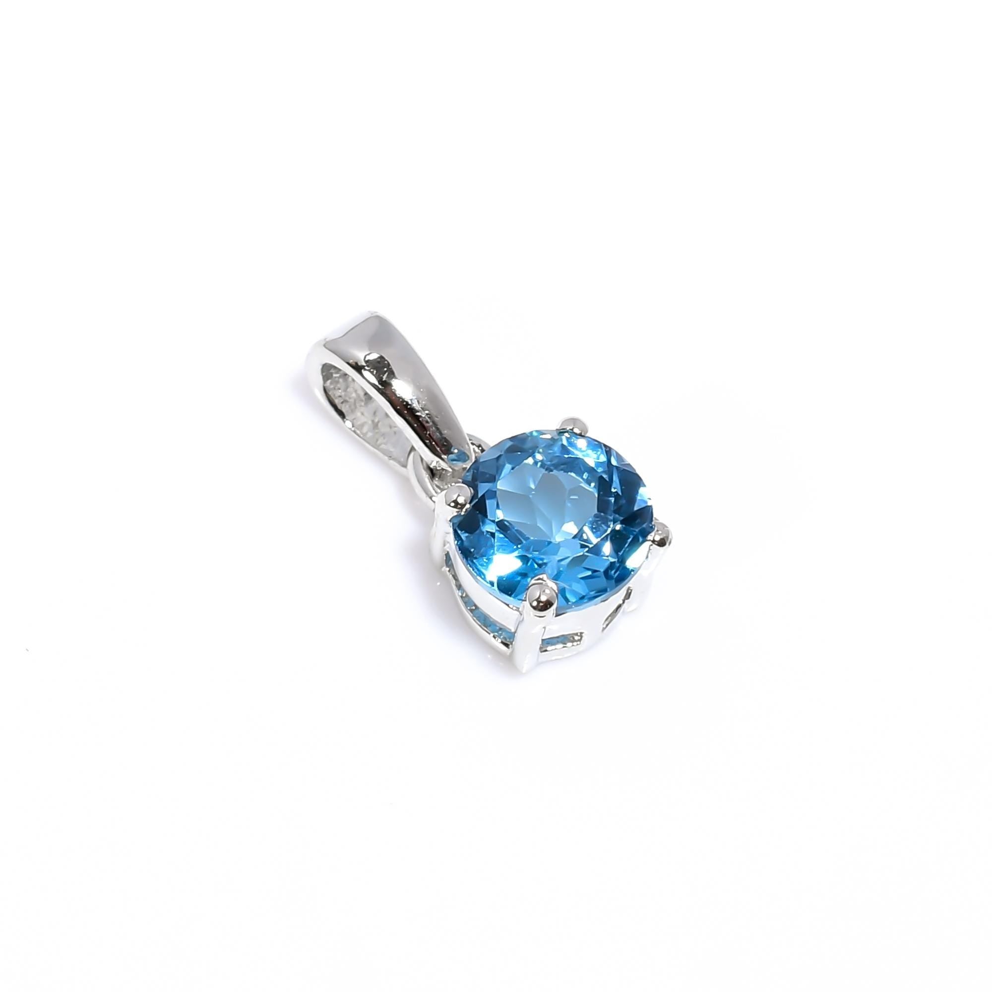 London Blue Topaz Pendant: 925 Sterling Silver, 6mm Round Cut